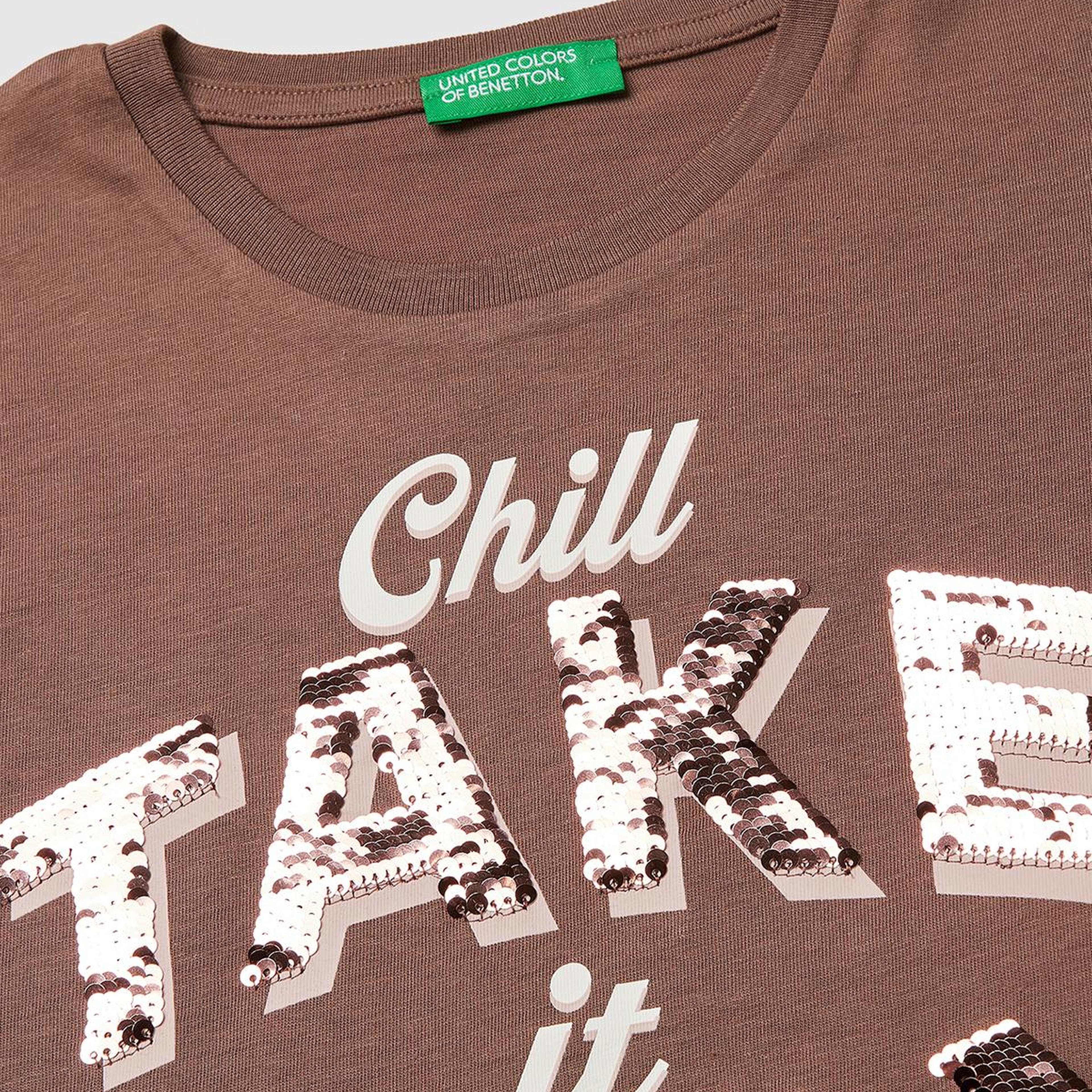 Kız Çocuk Kahverengi Simli Grafik Baskılı Yuvarlak Yaka Oversize T-Shirt