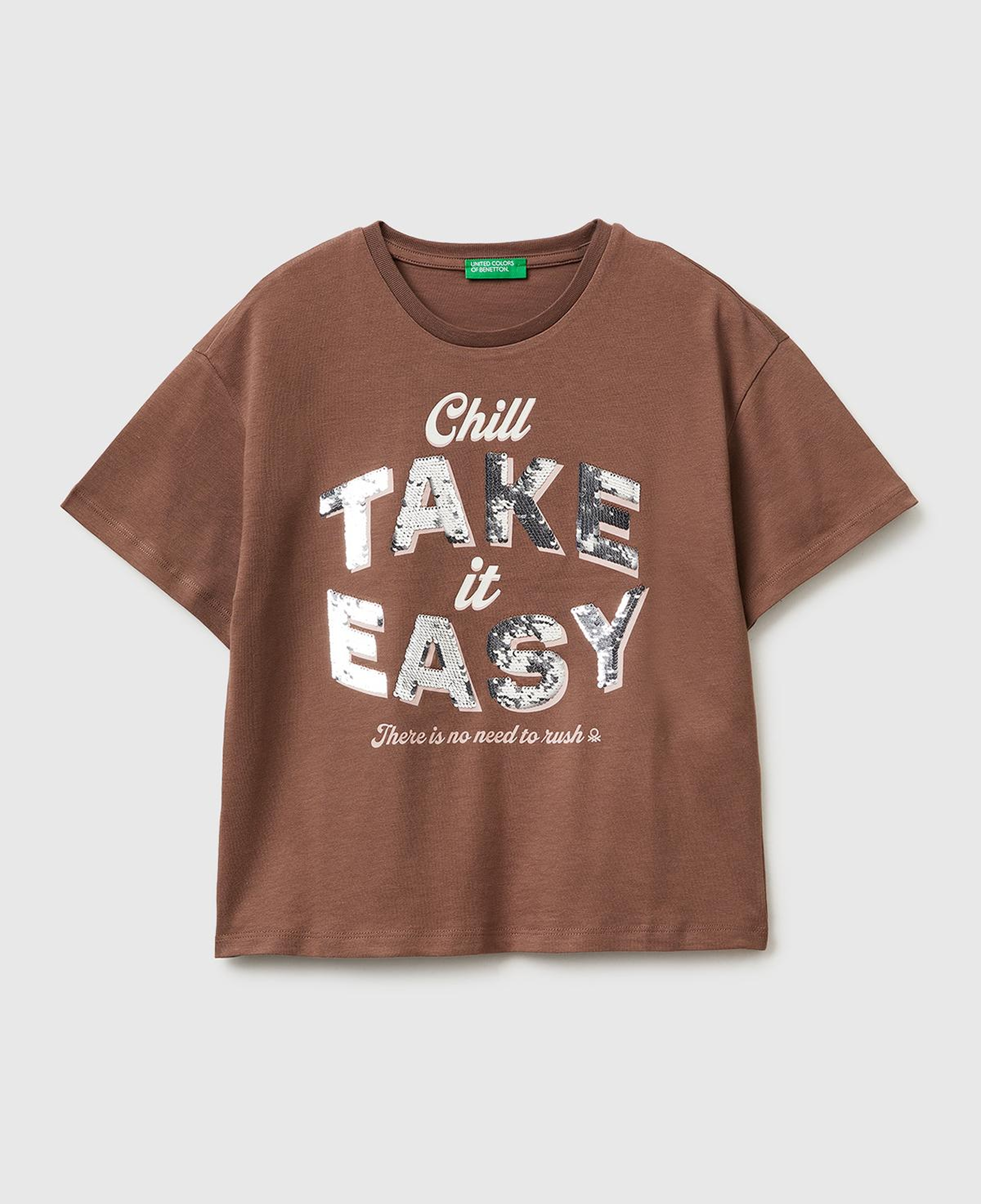 Kız Çocuk Kahverengi Simli Grafik Baskılı Yuvarlak Yaka Oversize T-Shirt