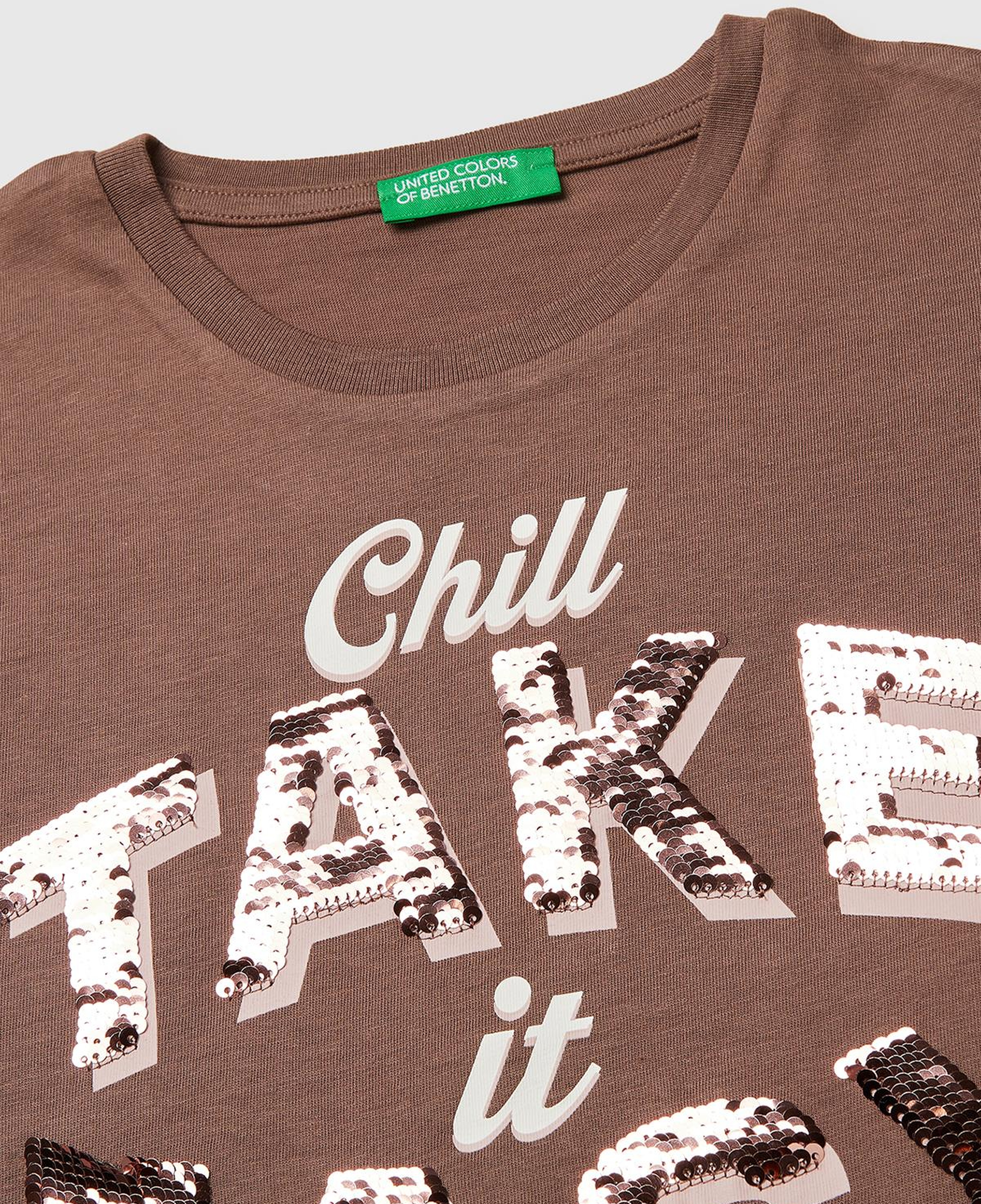 Kız Çocuk Kahverengi Simli Grafik Baskılı Yuvarlak Yaka Oversize T-Shirt