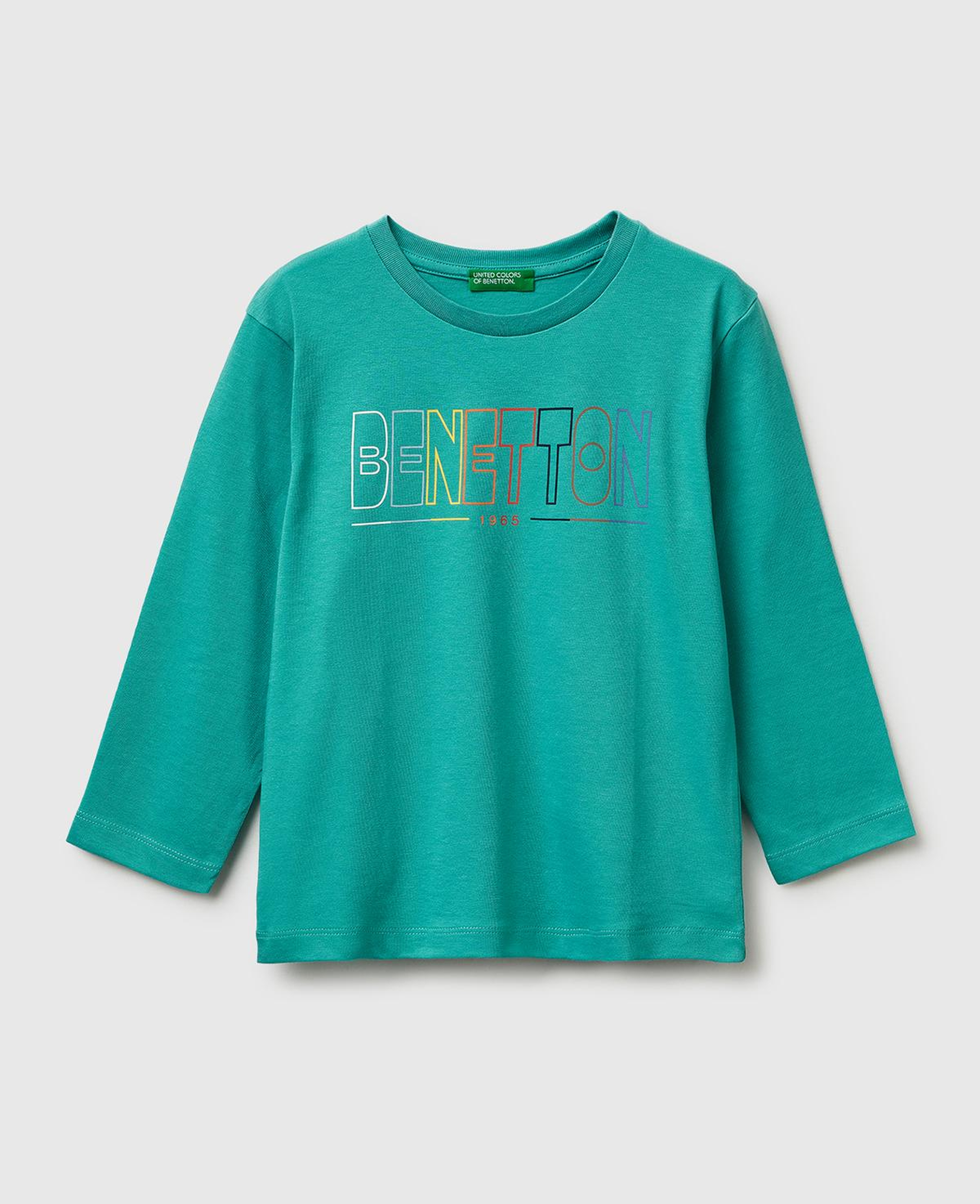 Erkek Çocuk Mavi-yeşil Önü Logo Baskılı Yuvarlak Yaka Uzun Kollu T-Shirt