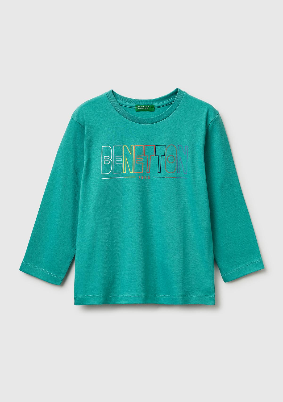 Erkek Çocuk Mavi-yeşil Önü Logo Baskılı Yuvarlak Yaka Uzun Kollu T-Shirt