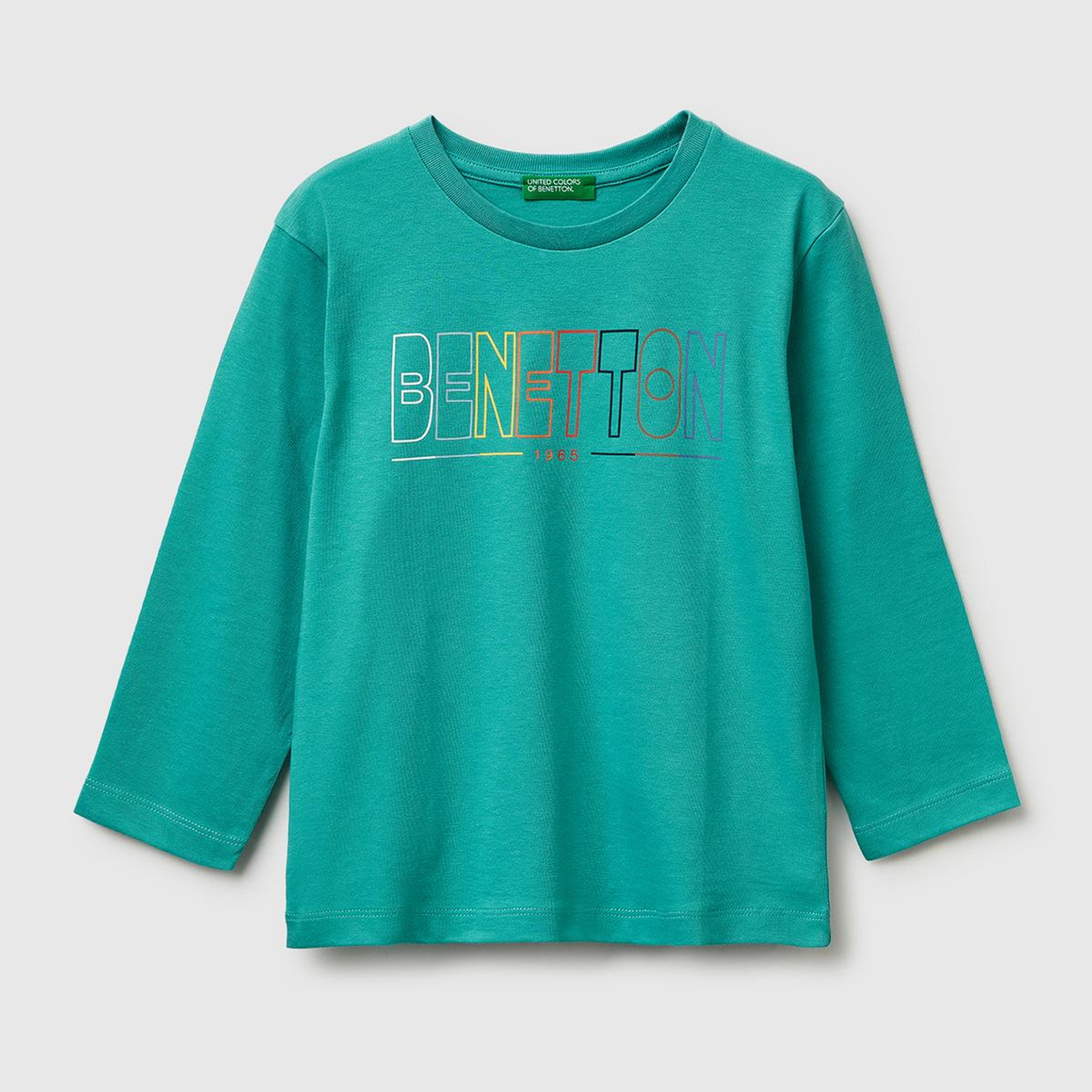 Erkek Çocuk Mavi-yeşil Önü Logo Baskılı Yuvarlak Yaka Uzun Kollu T-Shirt