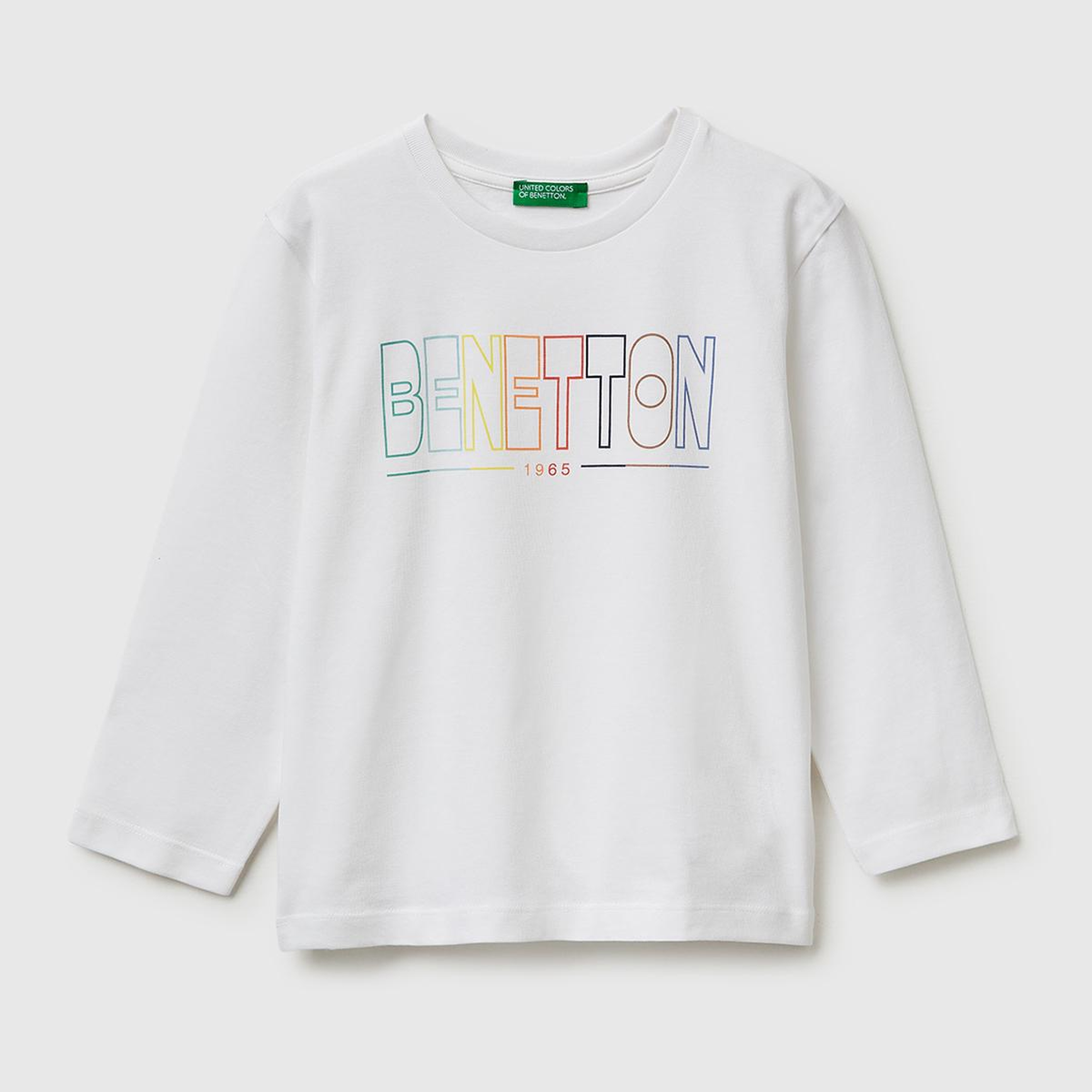 Erkek Çocuk Beyaz Önü Logo Baskılı Yuvarlak Yaka Uzun Kollu T-Shirt