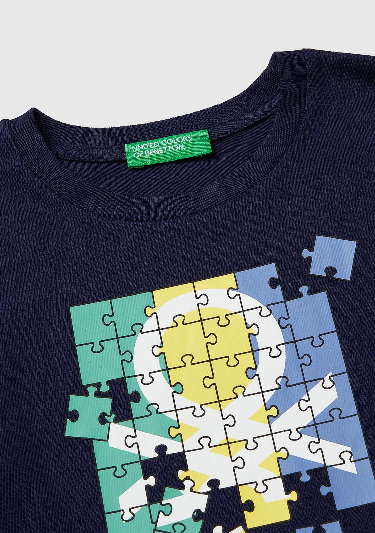 Erkek Çocuk Lacivert Önü Logo Baskılı Yuvarlak Yaka Uzun Kollu T-Shirt