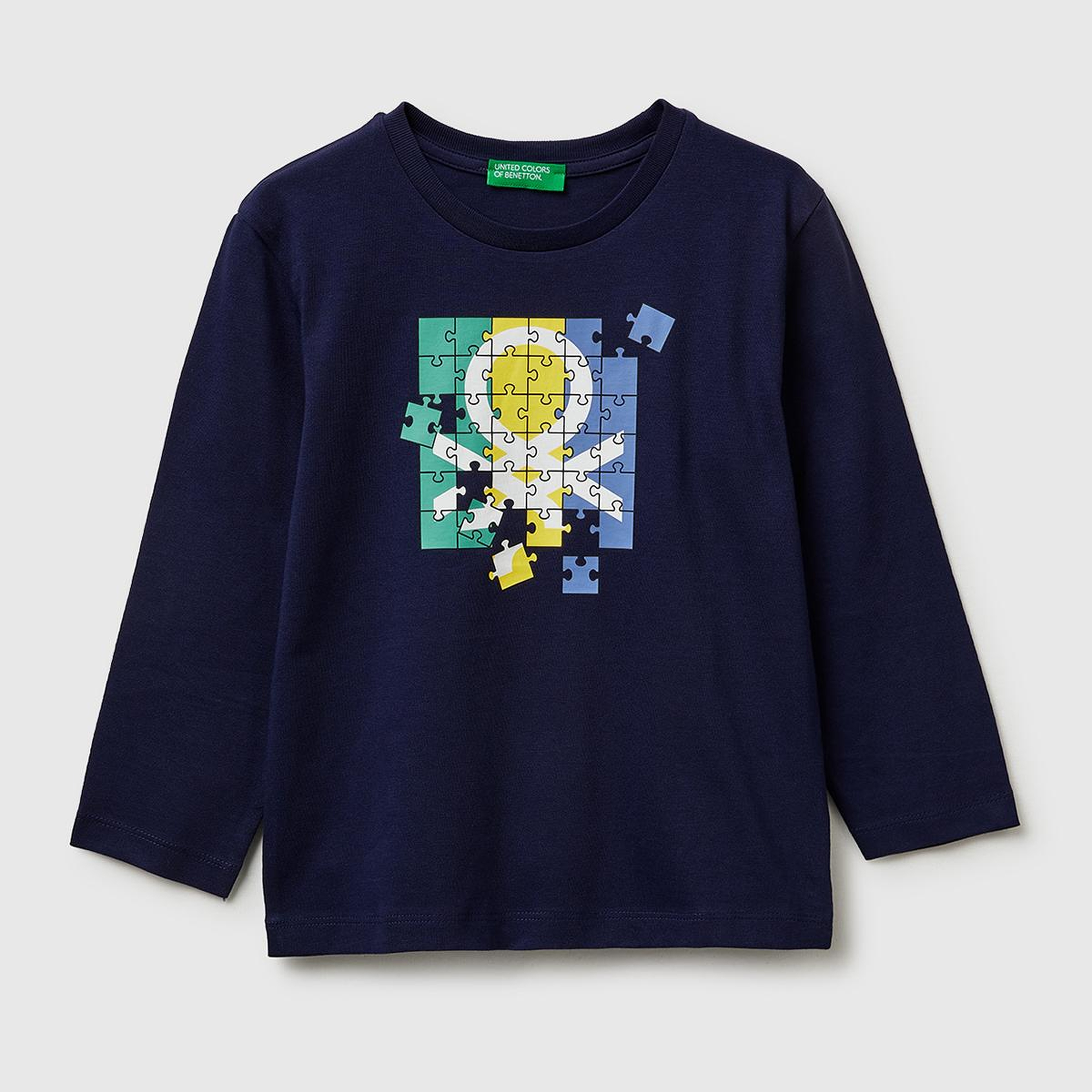 Erkek Çocuk Lacivert Önü Logo Baskılı Yuvarlak Yaka Uzun Kollu T-Shirt
