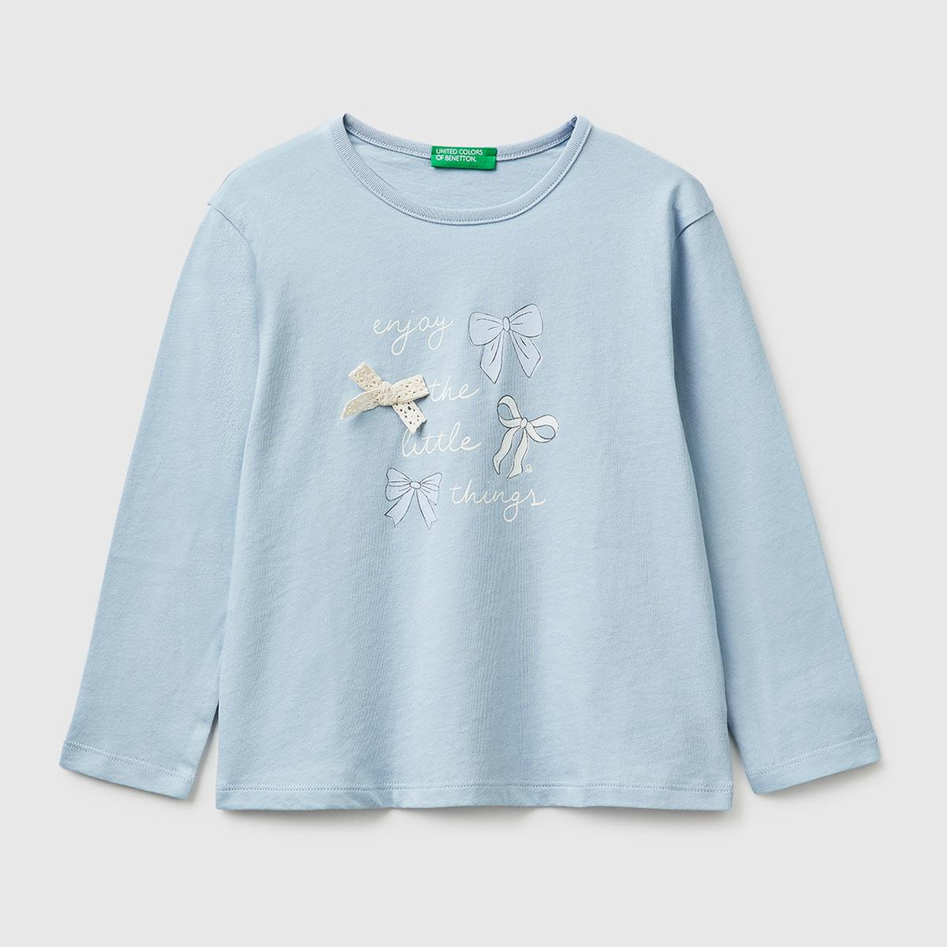 Kız Çocuk Buz Mavisi Baskılı Uzun Kollu Bisiklet Yaka T-Shirt
