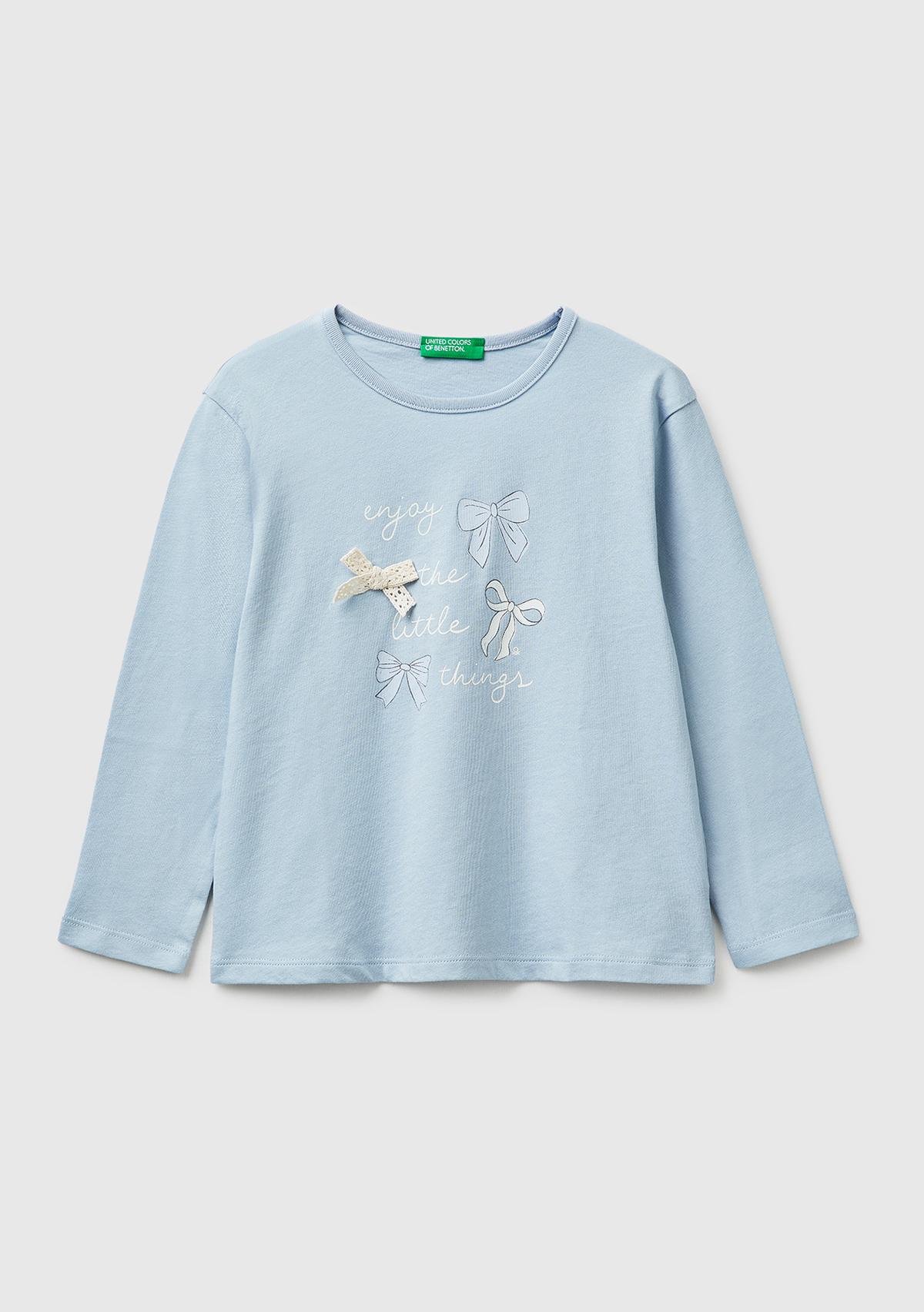 Kız Çocuk Buz Mavisi Baskılı Uzun Kollu Bisiklet Yaka T-Shirt