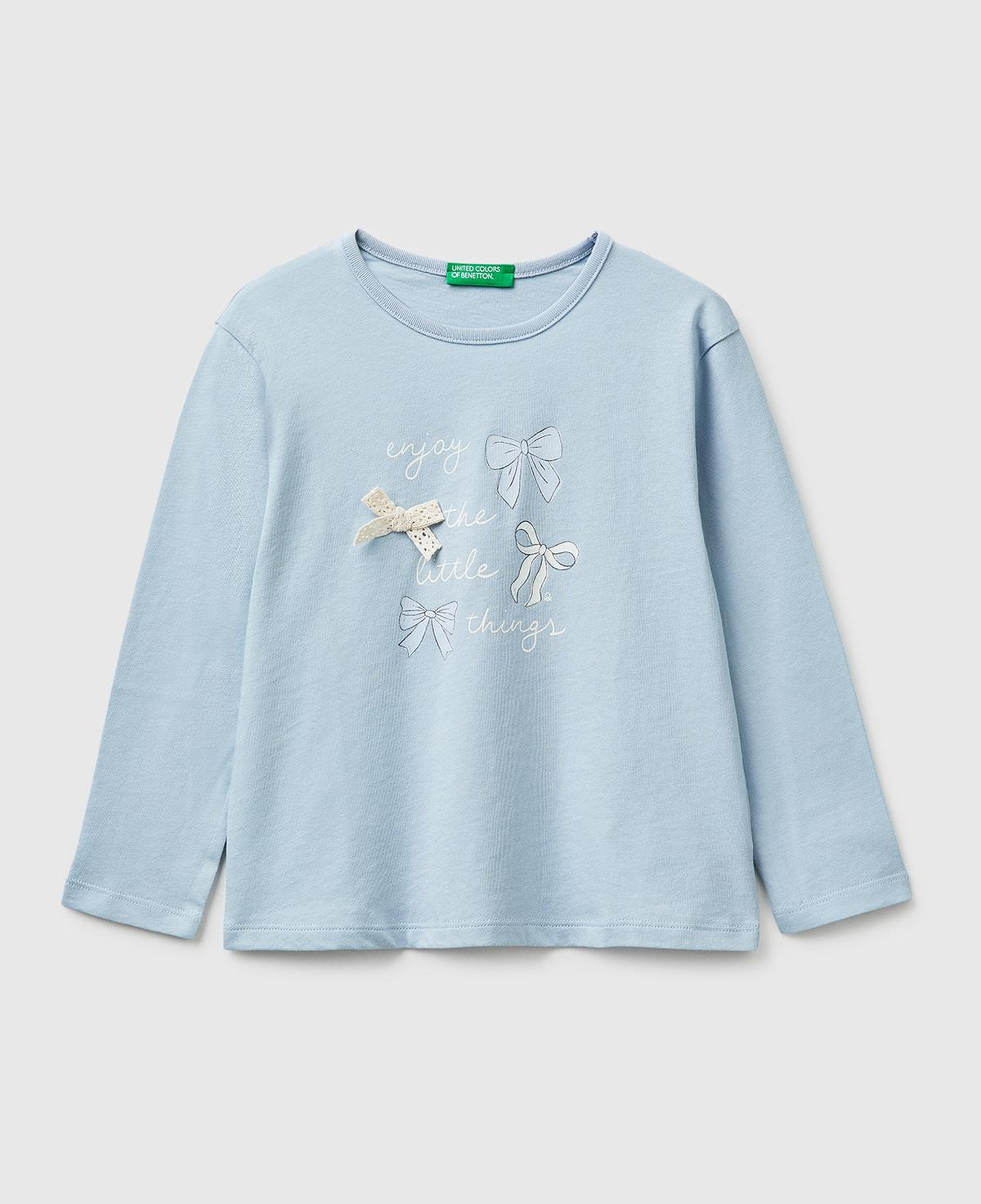 Kız Çocuk Buz Mavisi Baskılı Uzun Kollu Bisiklet Yaka T-Shirt