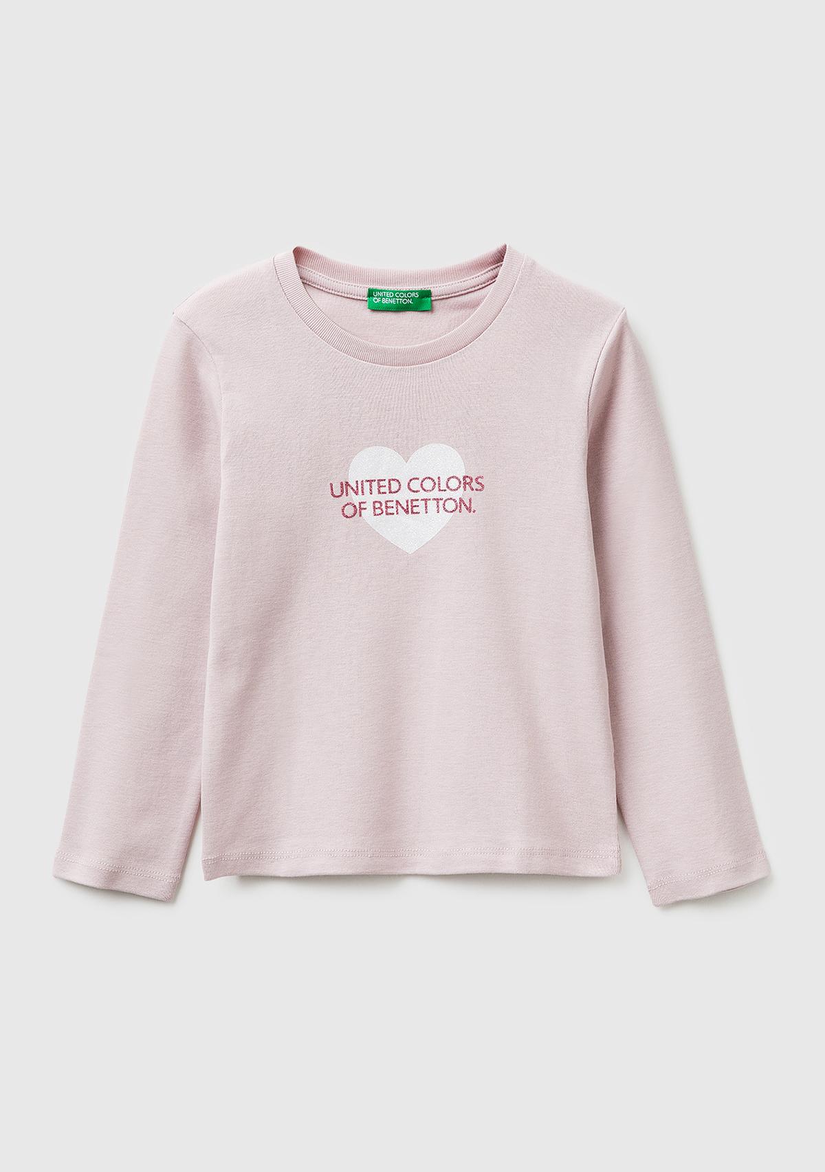 Kız Çocuk Gül Kurusu Simli Renkli Grafik Baskılı Yuvarlak Yaka Uzun Kollu T-Shirt