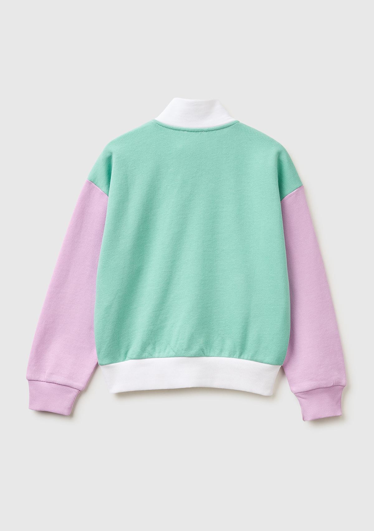 Kız Çocuk Beyaz Mix Simli Logolu Fermuarlı Cepli Yüksek Yaka Sweatshirt