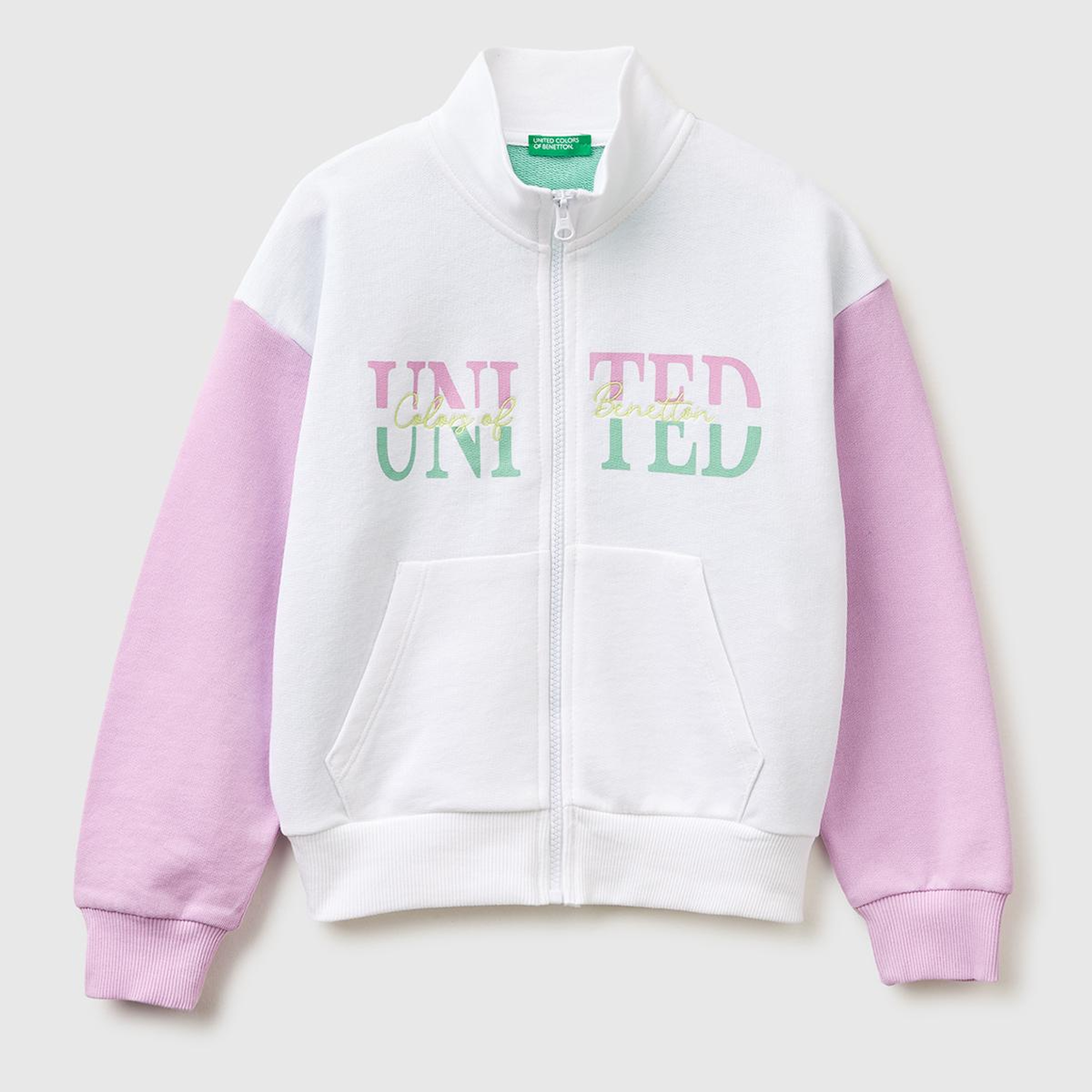 Kız Çocuk Beyaz Mix Simli Logolu Fermuarlı Cepli Yüksek Yaka Sweatshirt