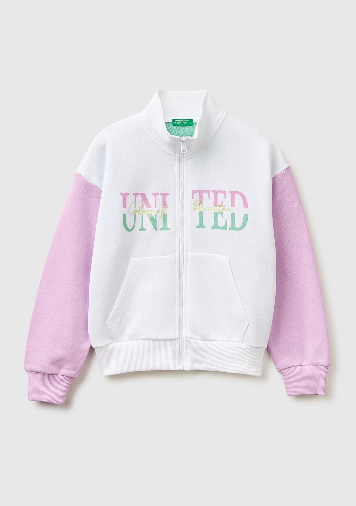 Kız Çocuk Beyaz Mix Simli Logolu Fermuarlı Cepli Yüksek Yaka Sweatshirt