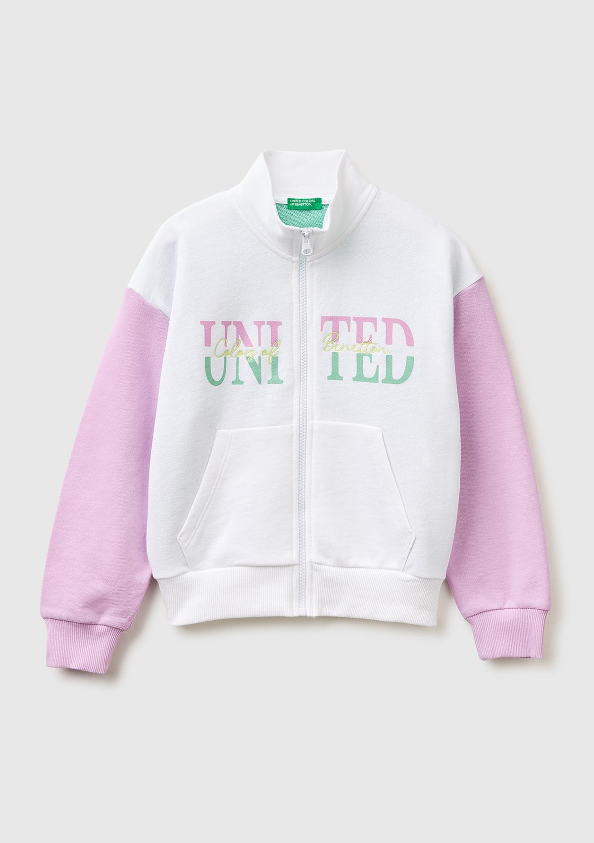 Kız Çocuk Beyaz Mix Simli Logolu Fermuarlı Cepli Yüksek Yaka Sweatshirt
