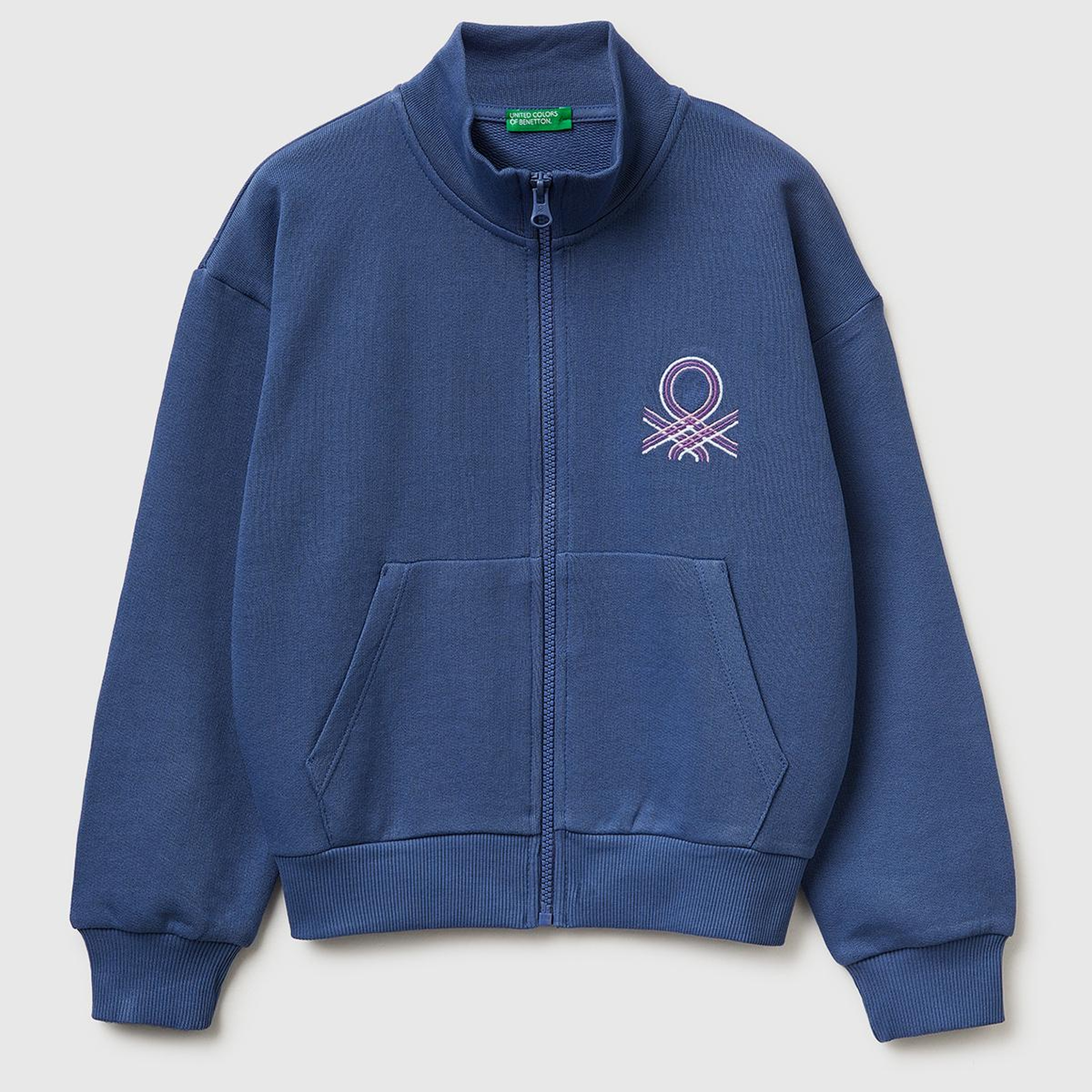Kız Çocuk Koyu Lacivert Simli Logolu Fermuarlı Cepli Yüksek Yaka Sweatshirt