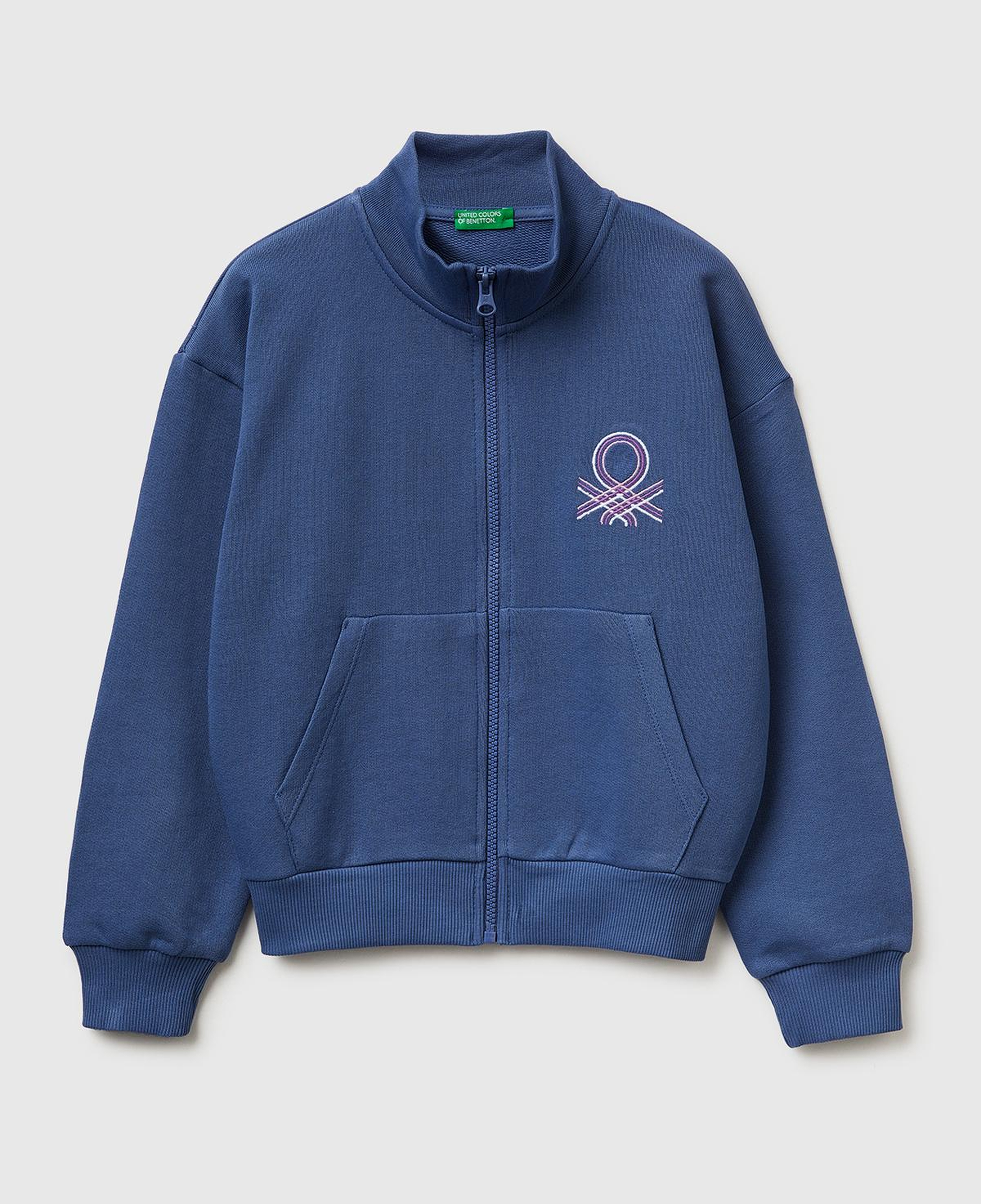 Kız Çocuk Koyu Lacivert Simli Logolu Fermuarlı Cepli Yüksek Yaka Sweatshirt