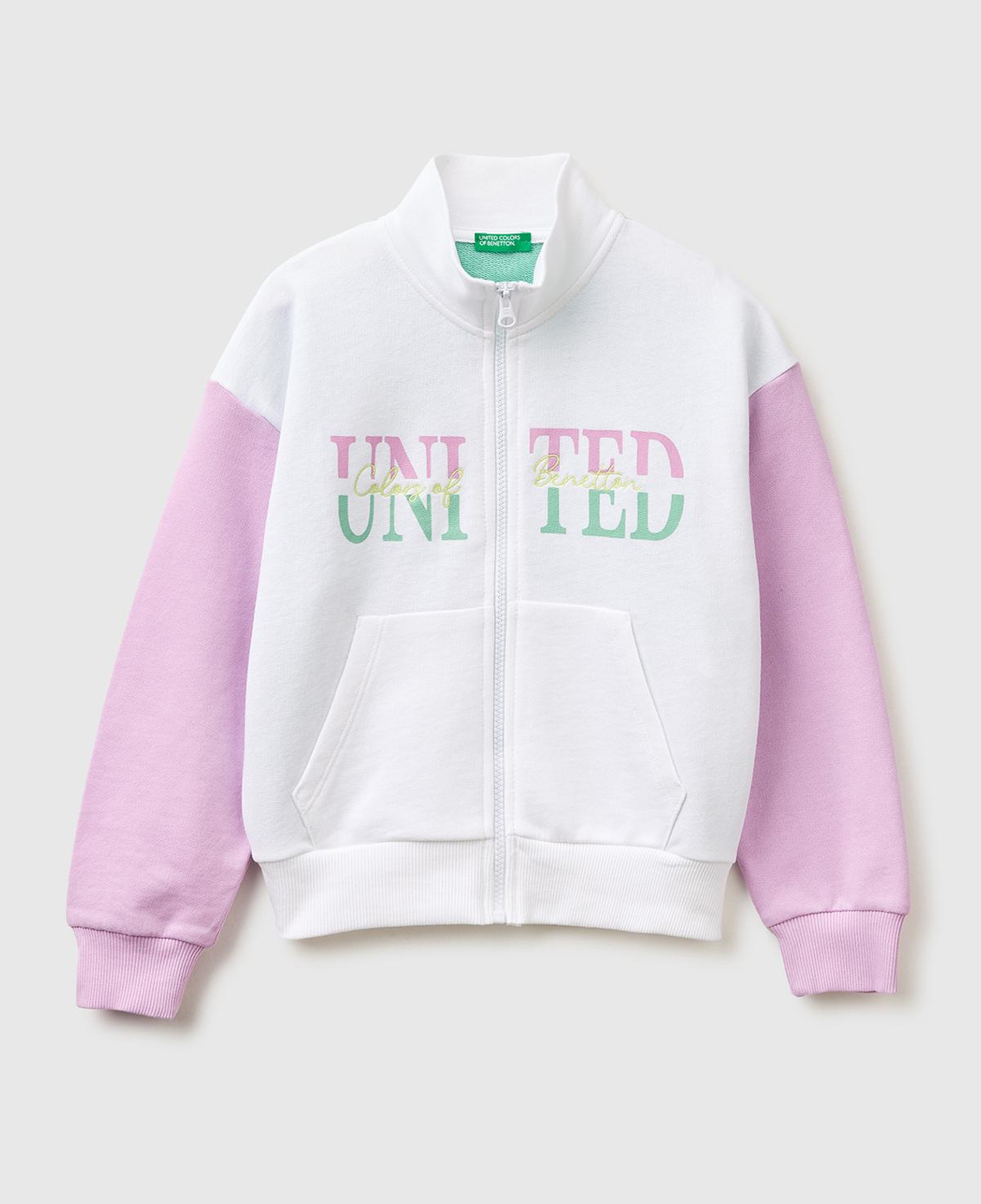 Kız Çocuk Beyaz Mix Simli Logolu Fermuarlı Cepli Yüksek Yaka Sweatshirt
