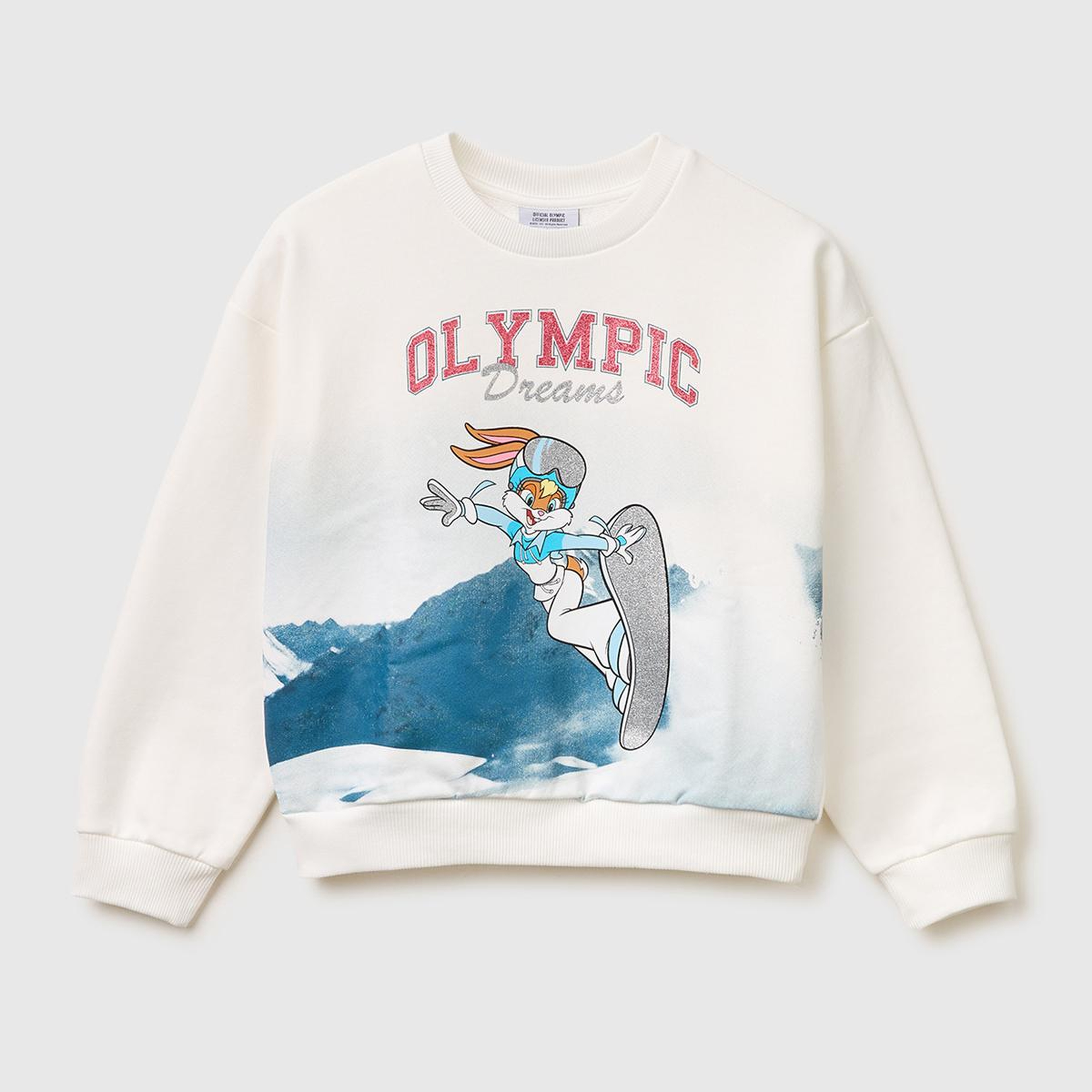 Kız Çocuk Beyaz Looney Tunes Baskılı Uzun Kollu Bisiklet Yaka Sweatshirt