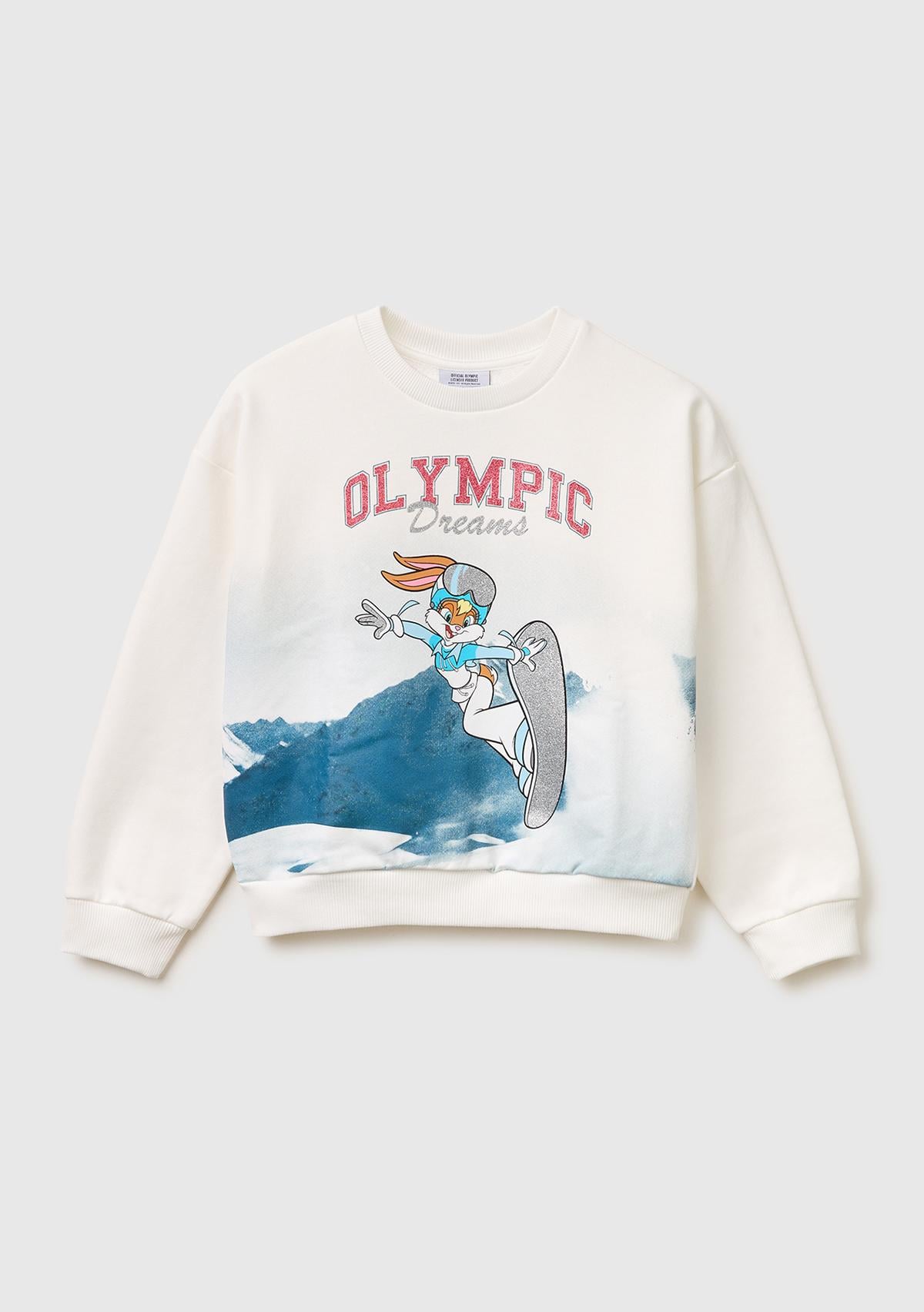Kız Çocuk Beyaz Looney Tunes Baskılı Uzun Kollu Bisiklet Yaka Sweatshirt