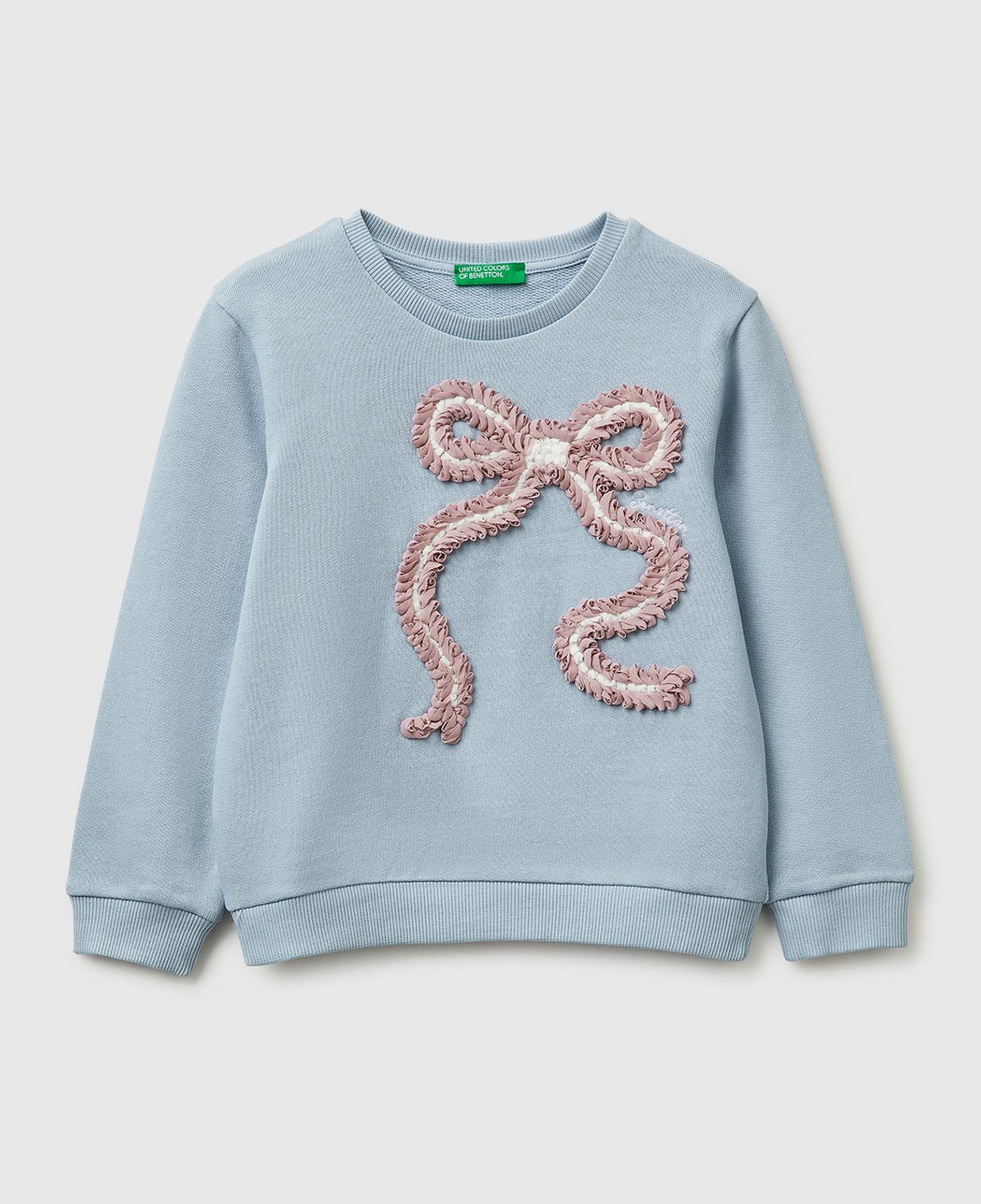 Kız Çocuk Buz Mavisi Baskılı İşlemeli Bisiklet Yaka Sweatshirt