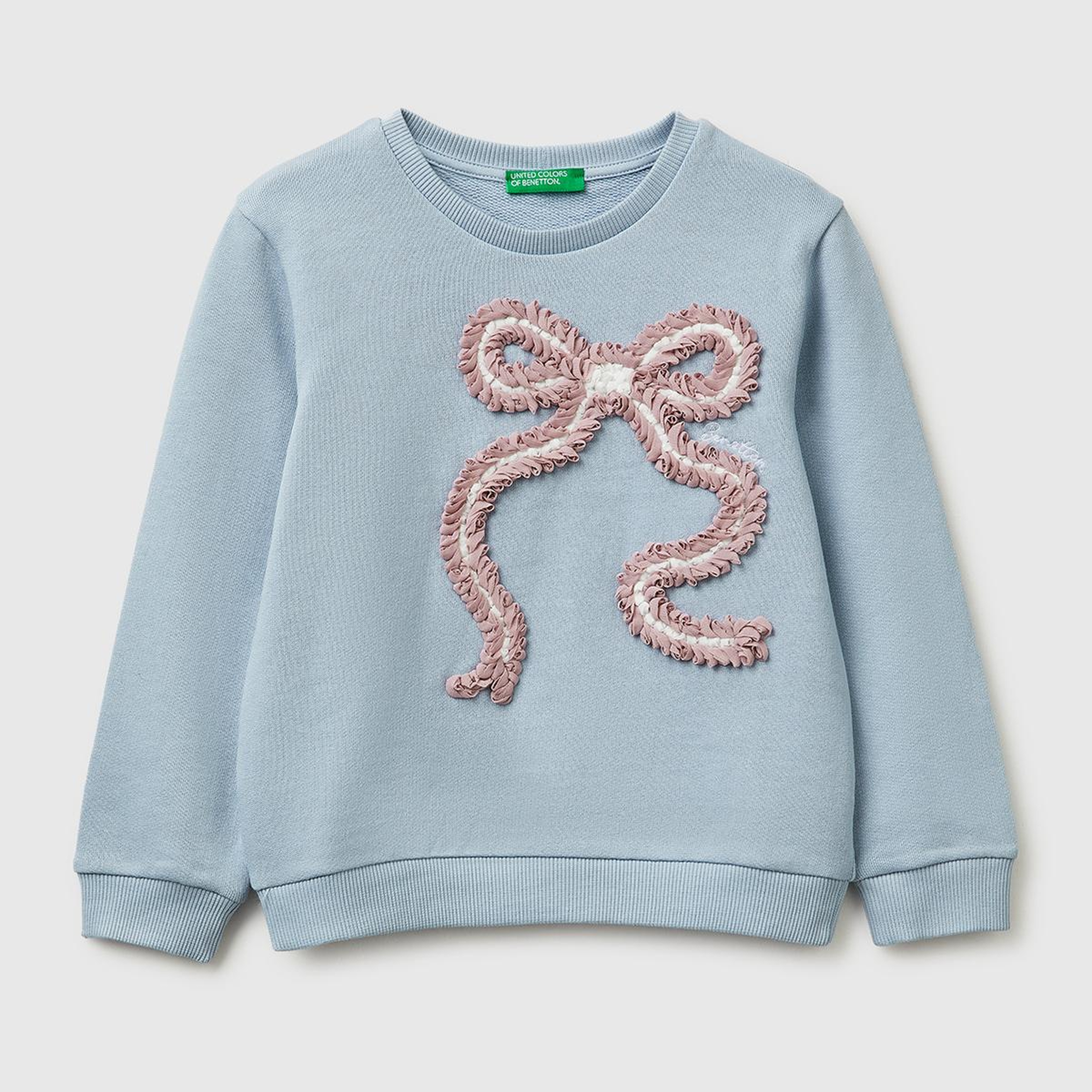 Kız Çocuk Buz Mavisi Baskılı İşlemeli Bisiklet Yaka Sweatshirt