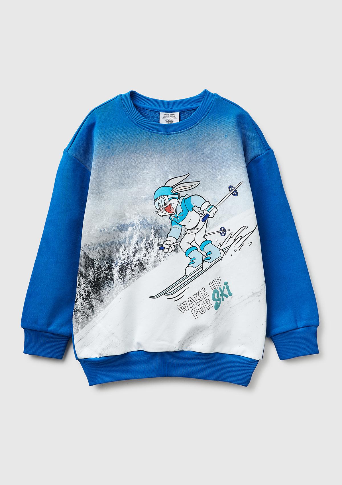 Erkek Çocuk Mavi Baskılı Bisiklet Yaka Sweatshirt