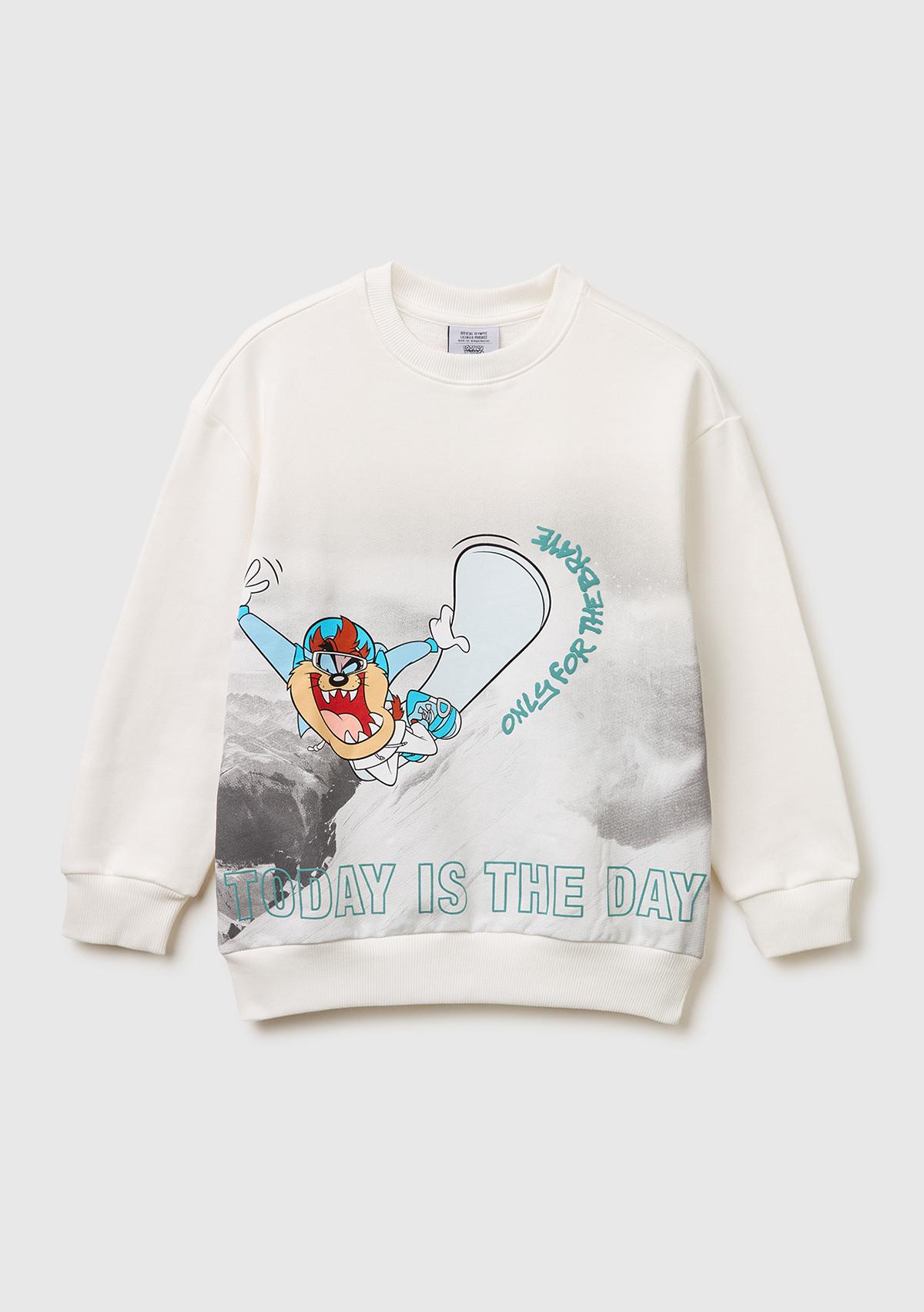 Erkek Çocuk Beyaz Baskılı Bisiklet Yaka Sweatshirt