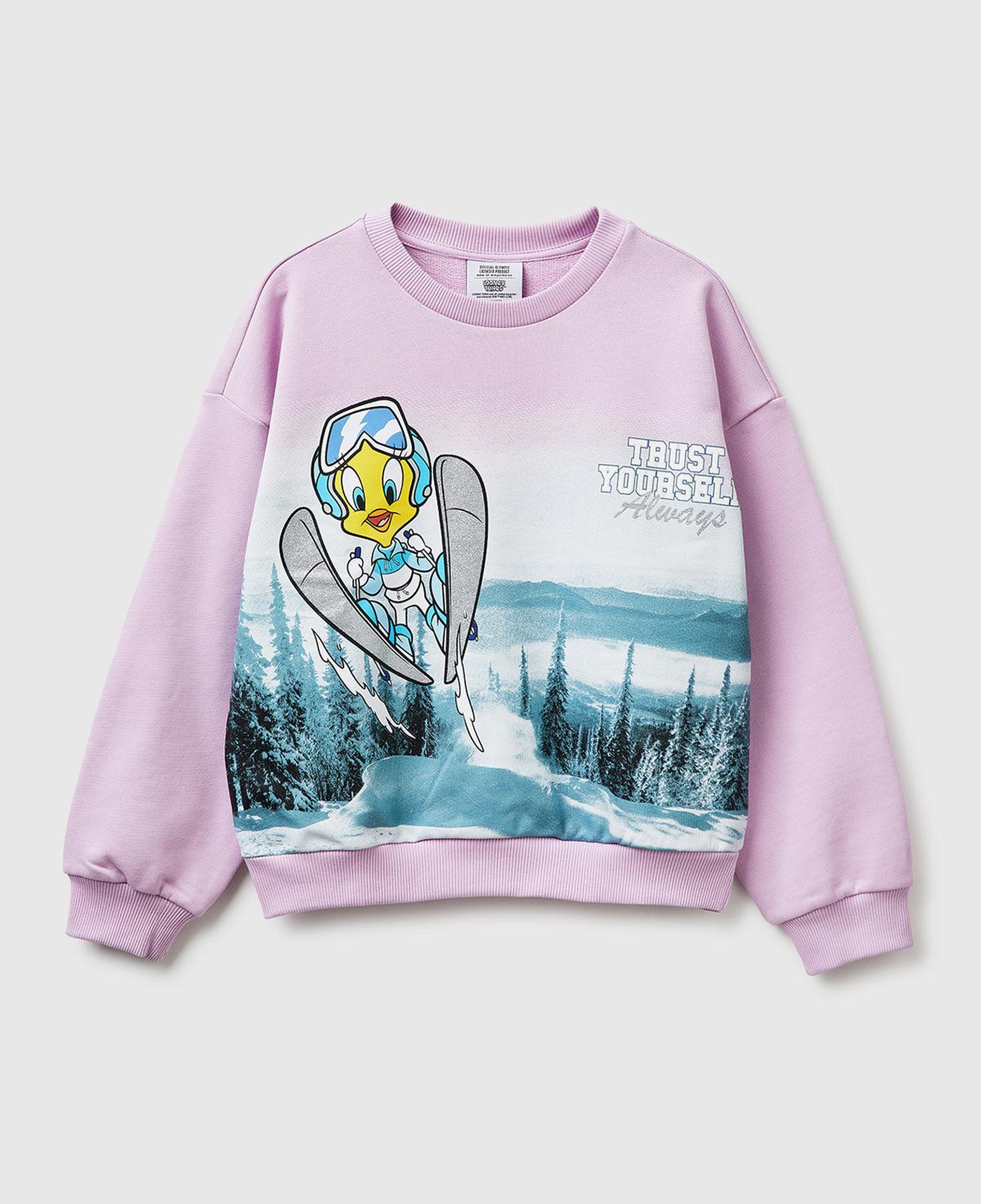 Kız Çocuk Pembe Looney Tunes Baskılı Uzun Kollu Bisiklet Yaka Sweatshirt