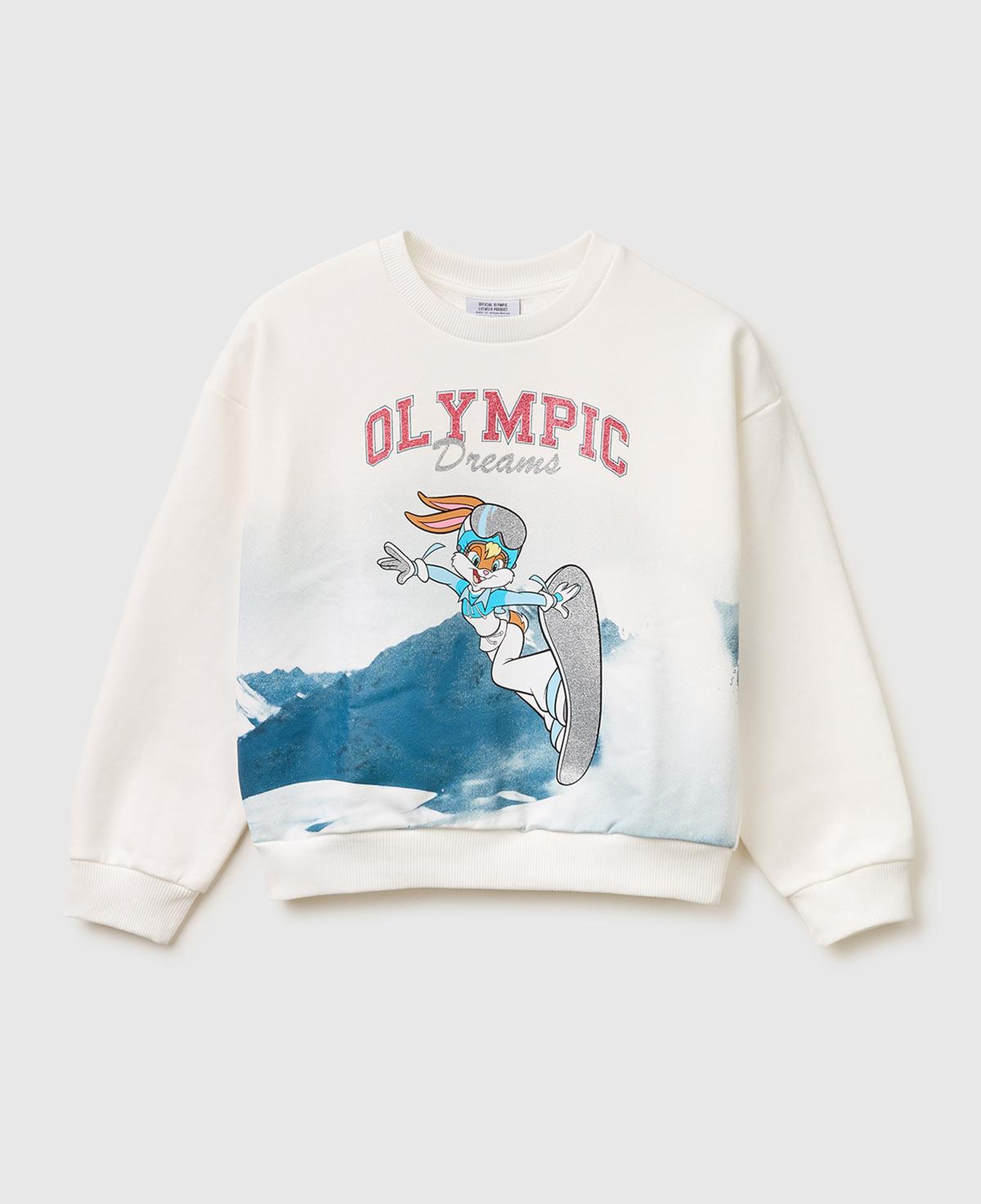 Kız Çocuk Beyaz Looney Tunes Baskılı Uzun Kollu Bisiklet Yaka Sweatshirt