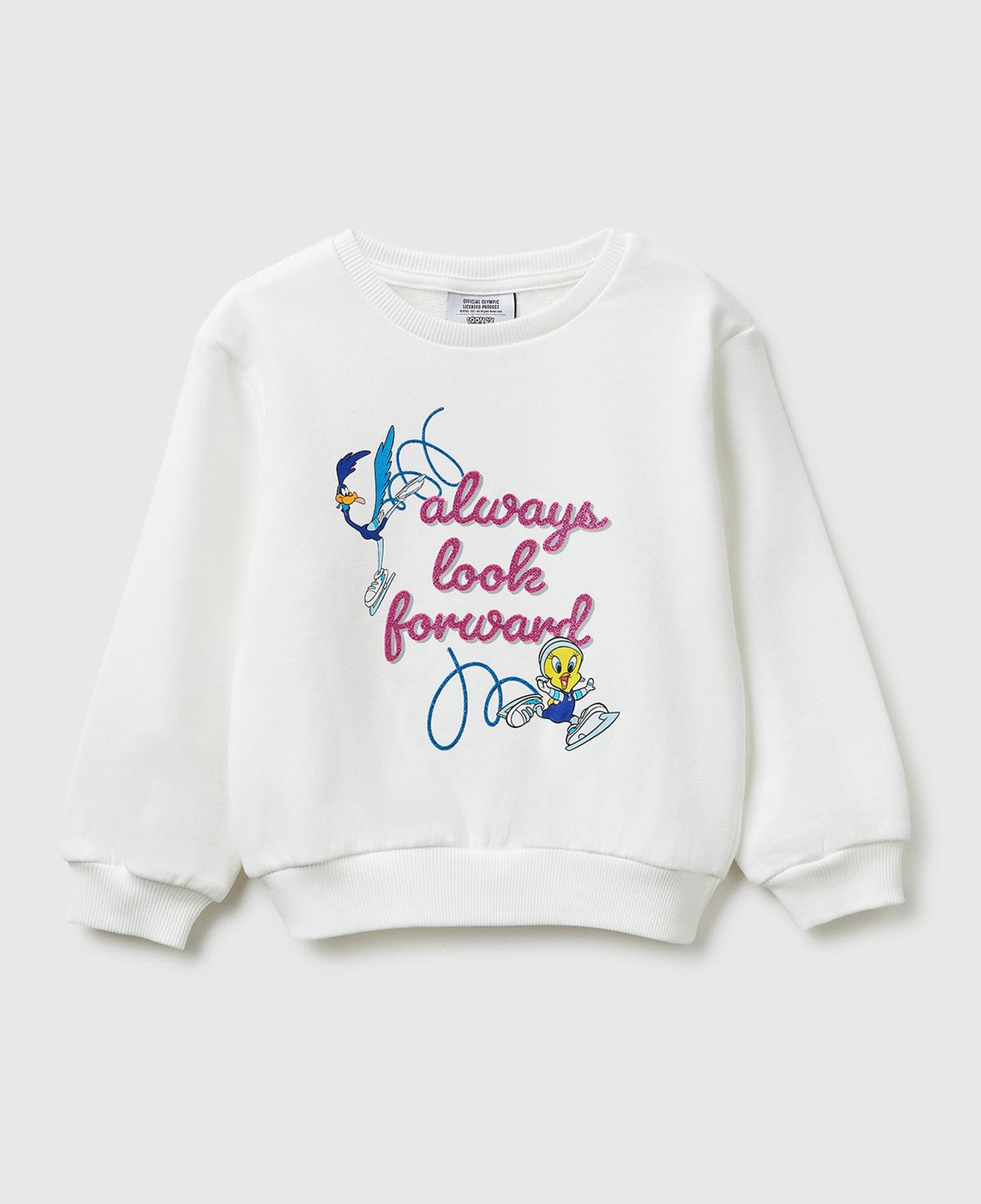 Kız Çocuk Beyaz Looney Tunes Baskılı Bisiklet Yaka Sweatshirt