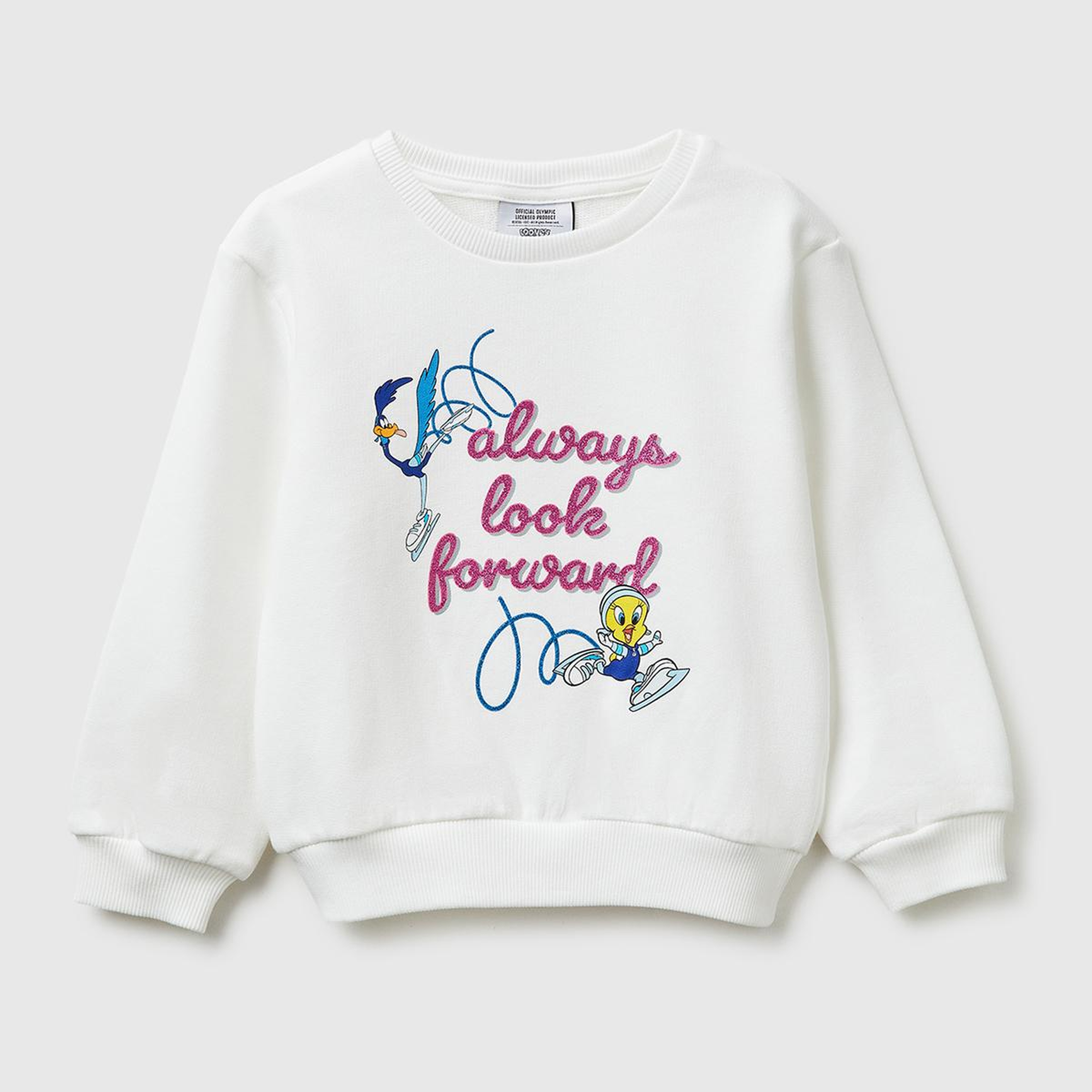 Kız Çocuk Beyaz Looney Tunes Baskılı Bisiklet Yaka Sweatshirt
