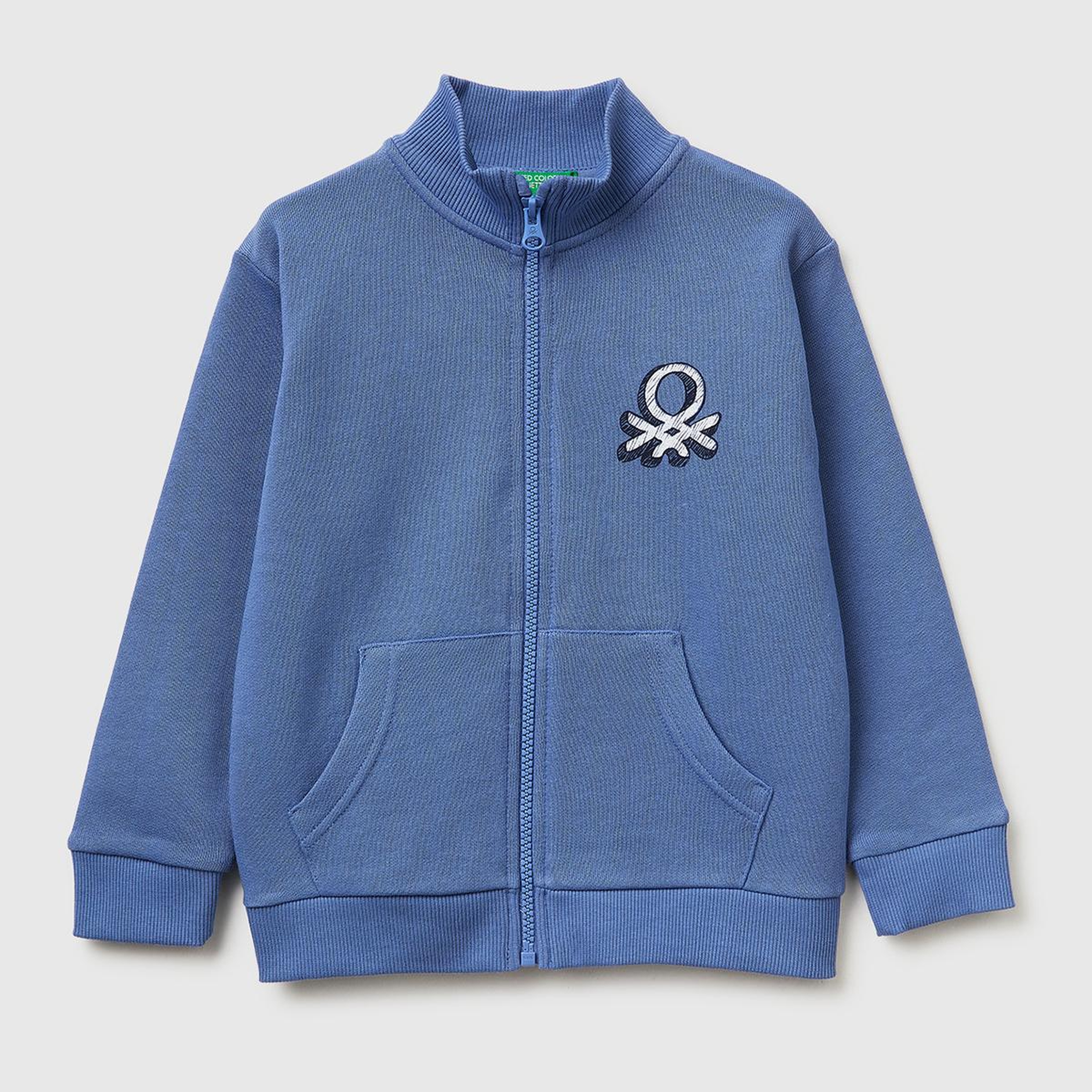 Erkek Çocuk Havacı Mavi Logo Baskılı Cepli Fermuarlı Dik Yaka Sweatshirt
