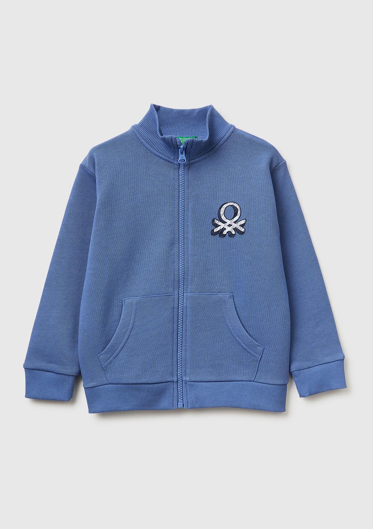 Erkek Çocuk Havacı Mavi Logo Baskılı Cepli Fermuarlı Dik Yaka Sweatshirt