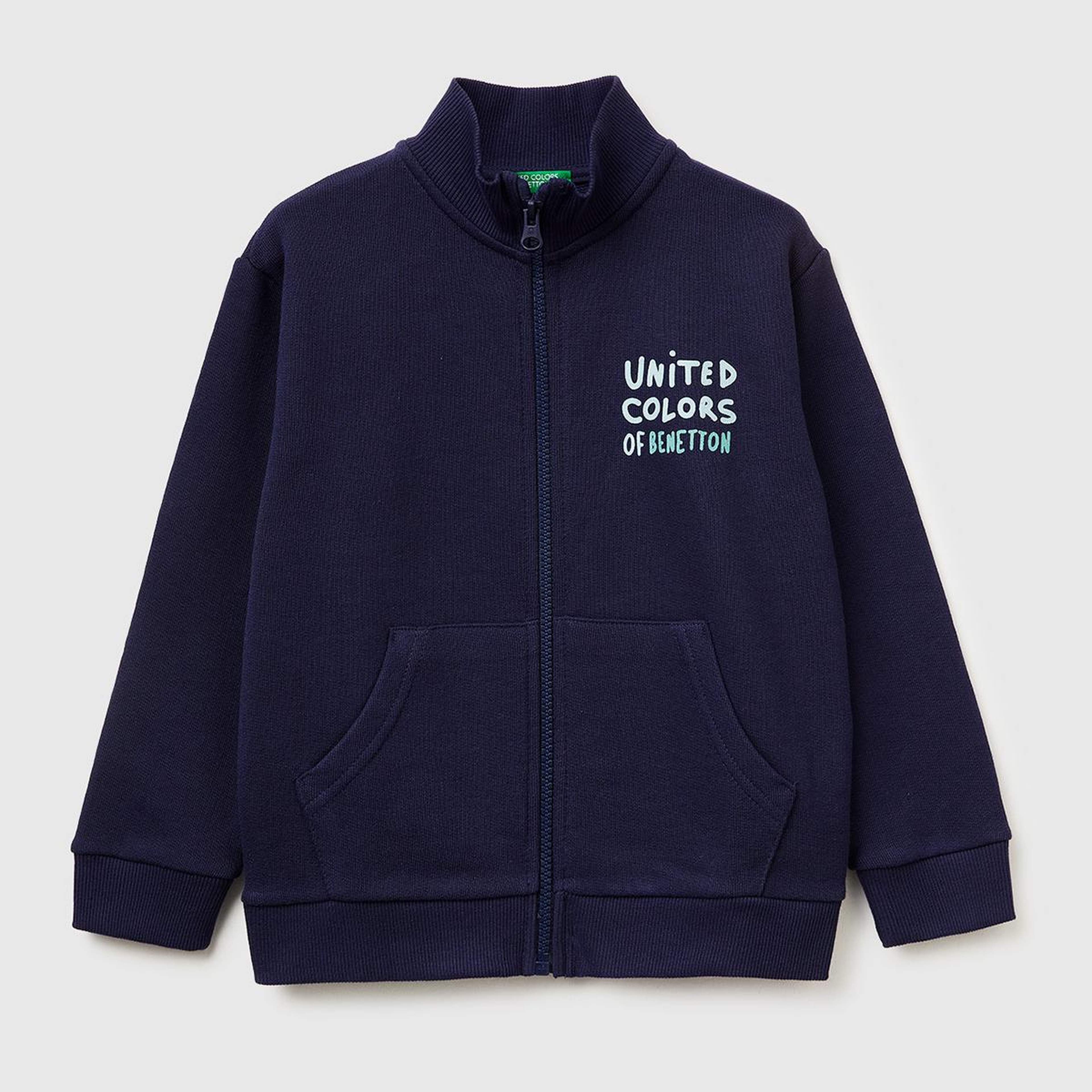 Erkek Çocuk Lacivert Logo Baskılı Cepli Fermuarlı Dik Yaka Sweatshirt