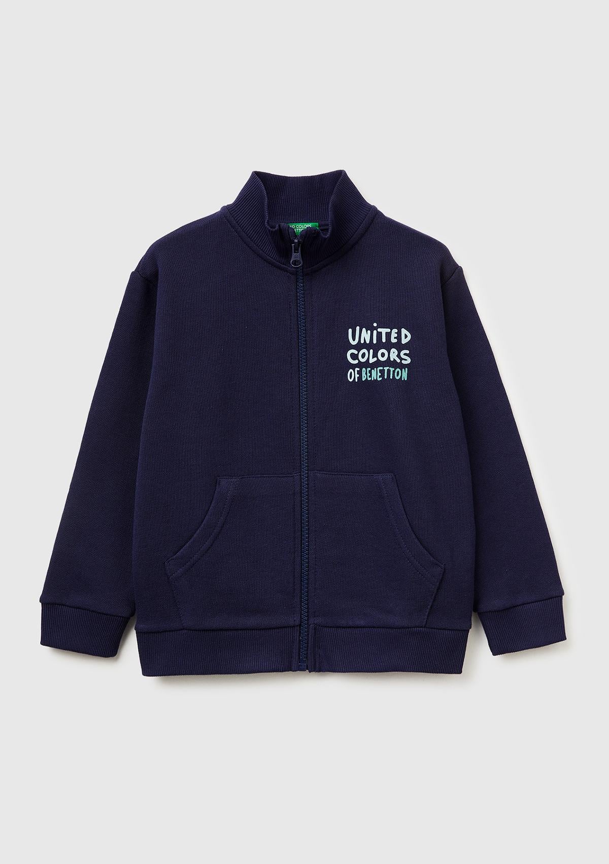 Erkek Çocuk Lacivert Logo Baskılı Cepli Fermuarlı Dik Yaka Sweatshirt