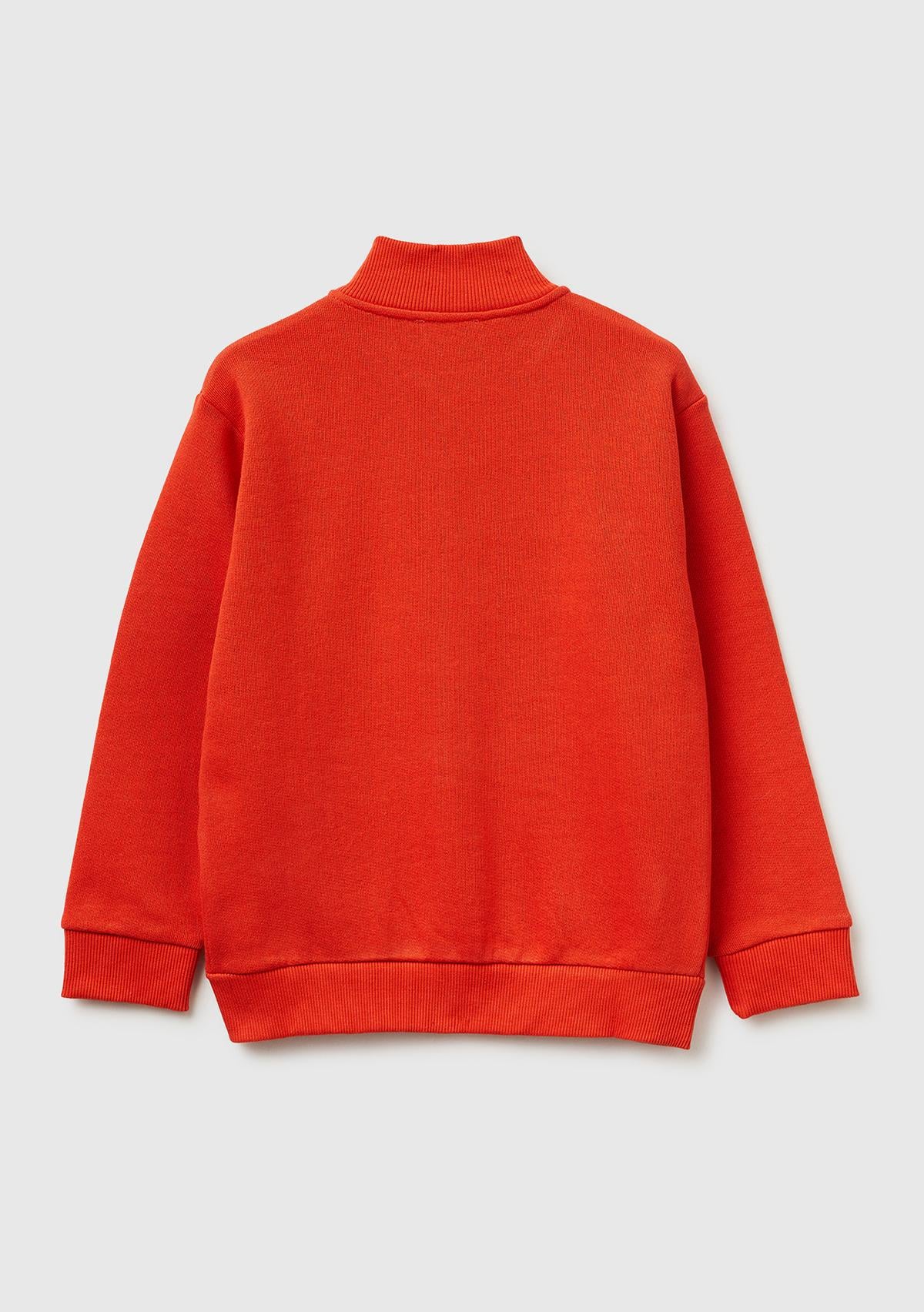 Erkek Çocuk Kırmızı Logo Baskılı Cepli Fermuarlı Dik Yaka Sweatshirt