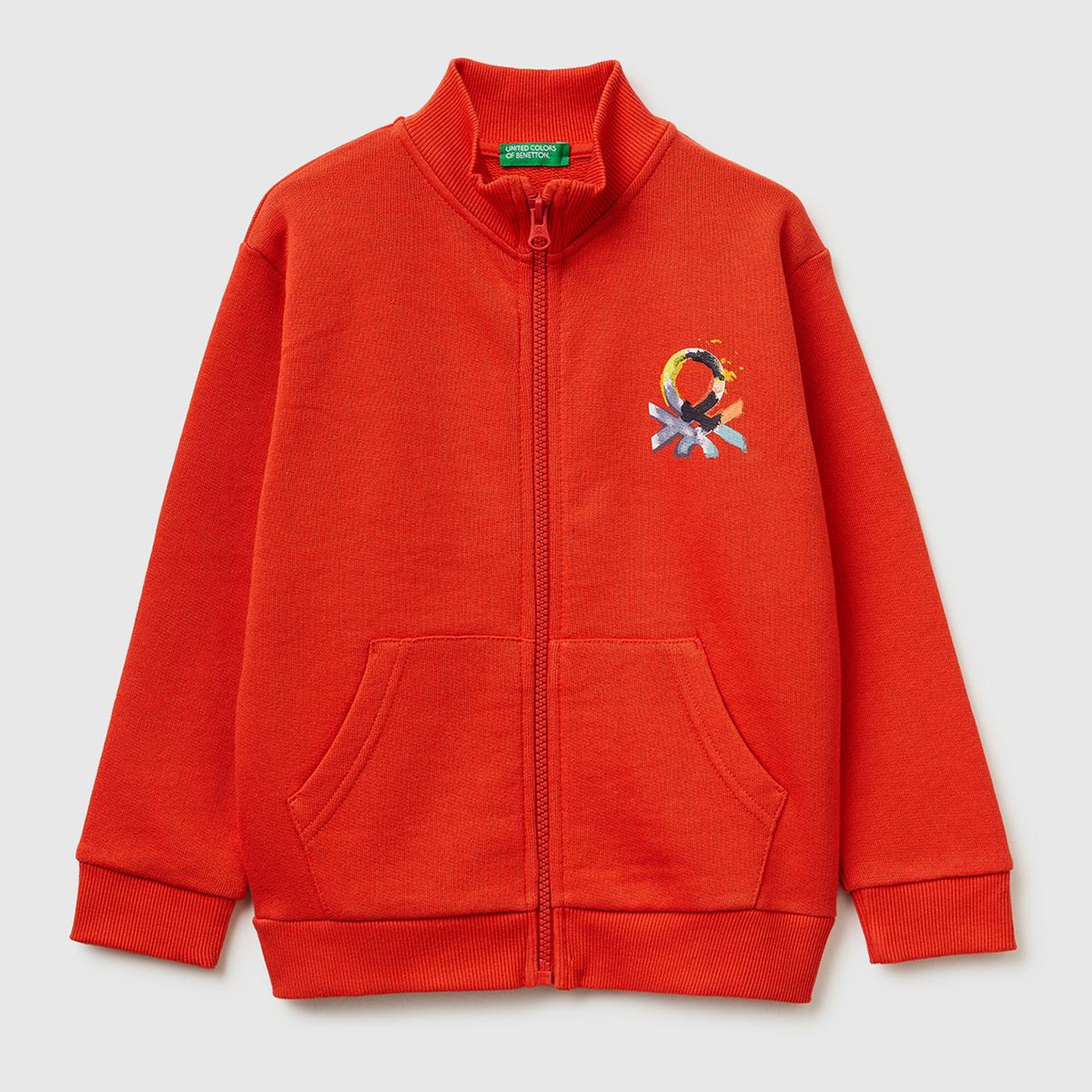 Erkek Çocuk Kırmızı Logo Baskılı Cepli Fermuarlı Dik Yaka Sweatshirt