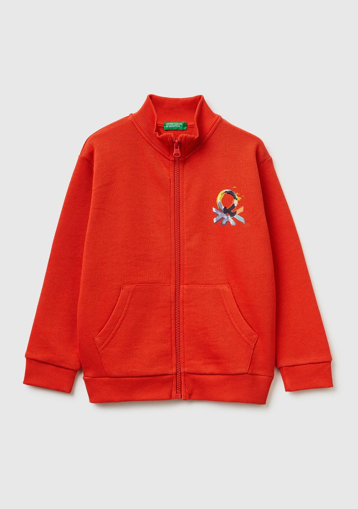 Erkek Çocuk Kırmızı Logo Baskılı Cepli Fermuarlı Dik Yaka Sweatshirt