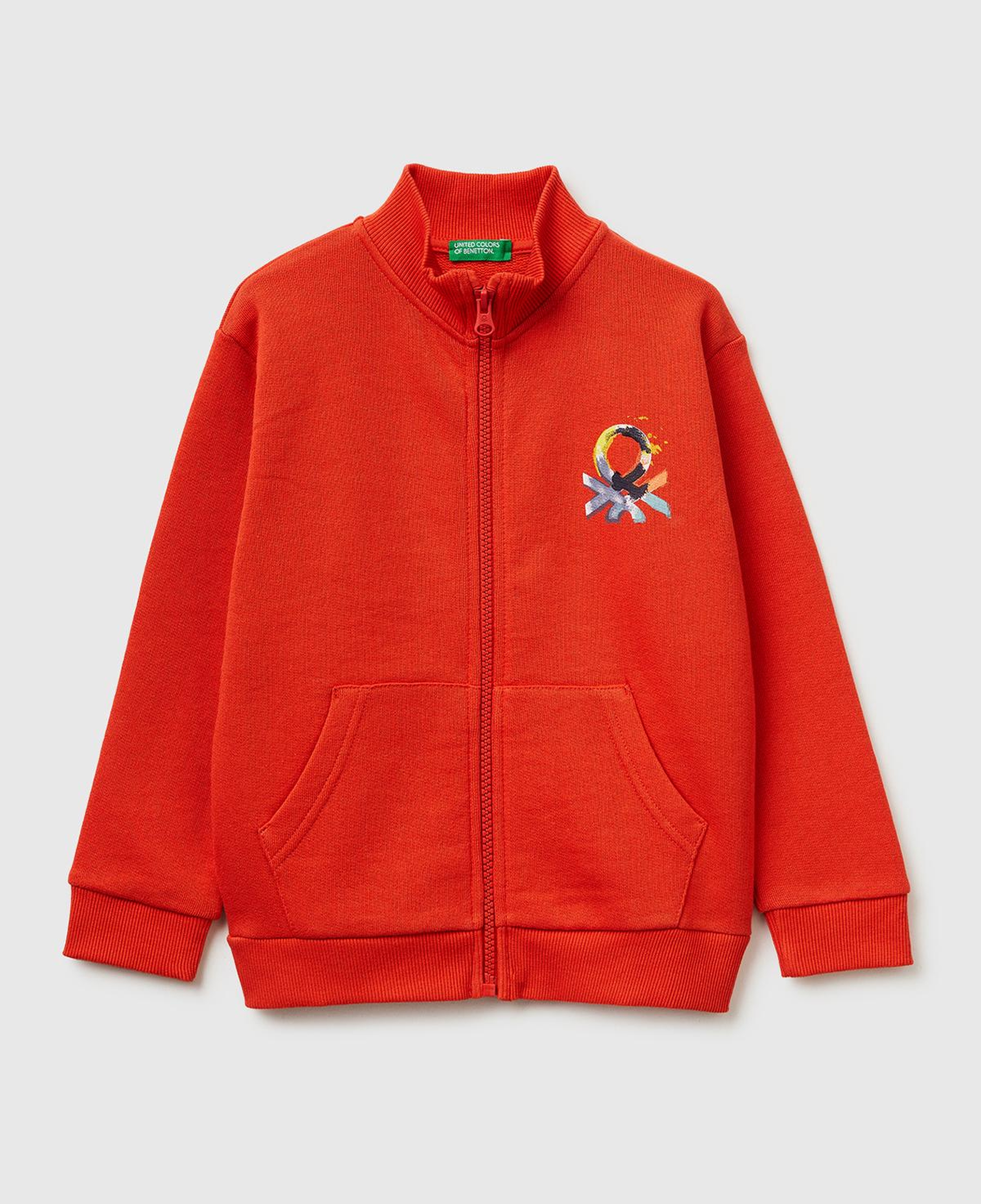 Erkek Çocuk Kırmızı Logo Baskılı Cepli Fermuarlı Dik Yaka Sweatshirt