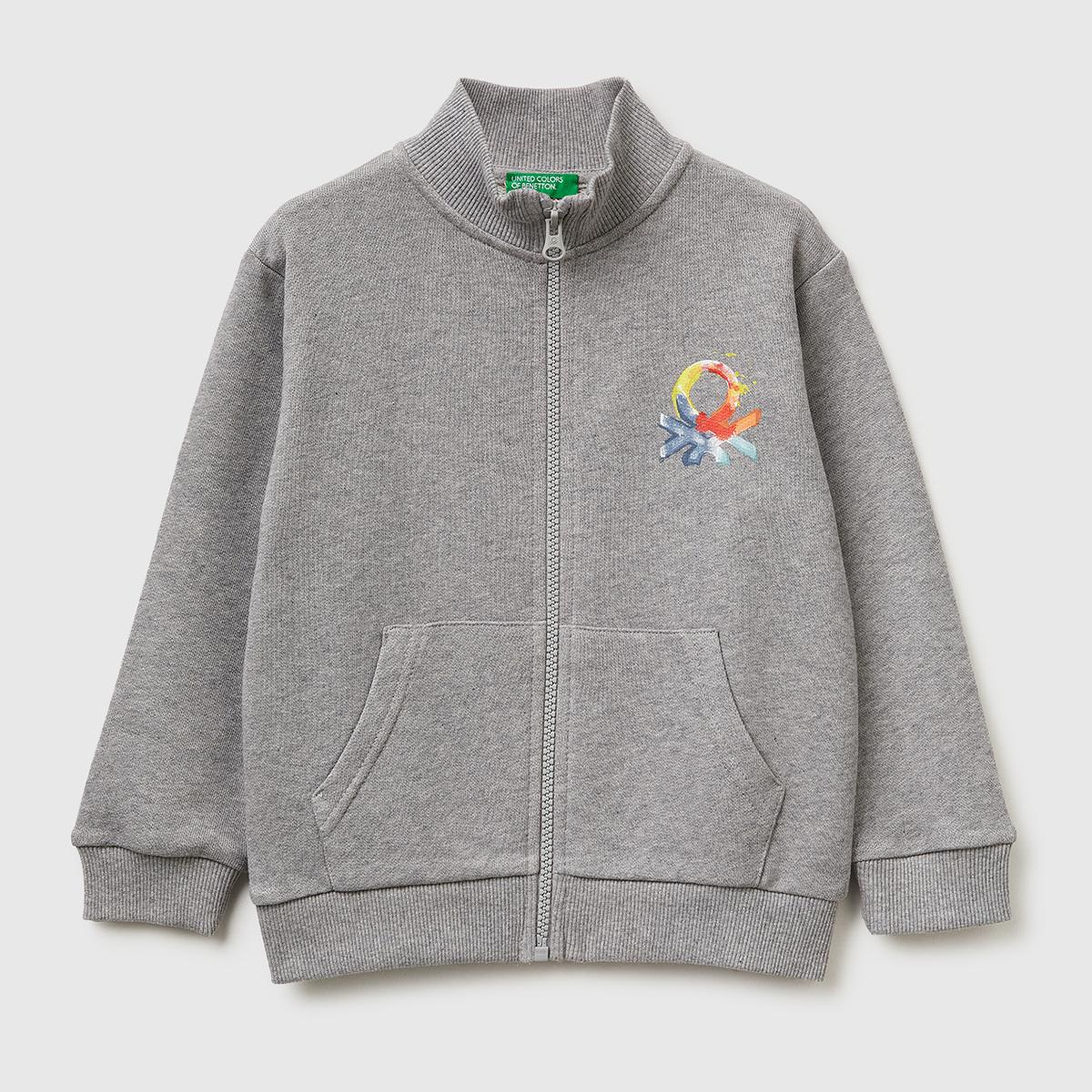 Erkek Çocuk Gri melanj Logo Baskılı Cepli Fermuarlı Dik Yaka Sweatshirt