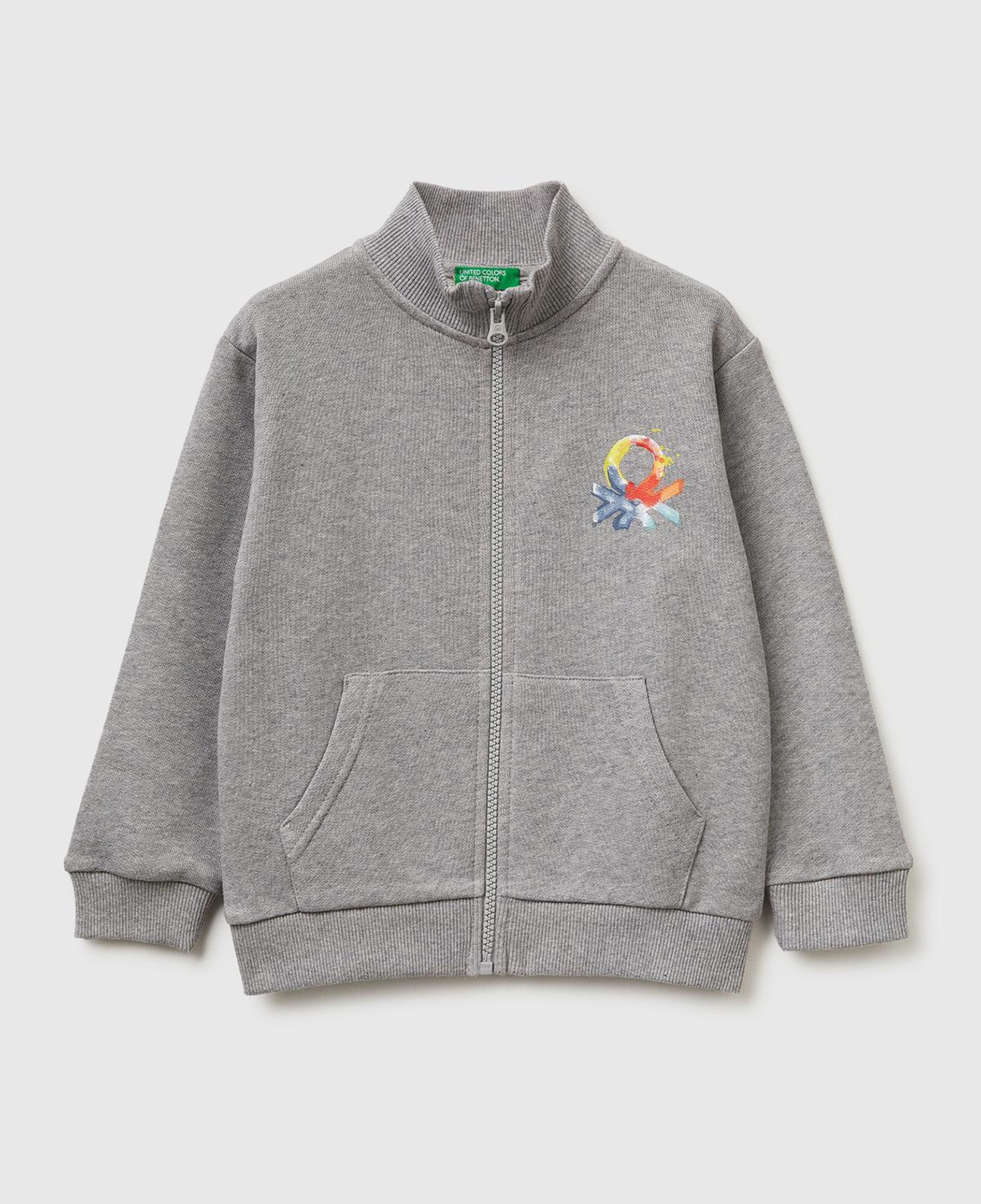 Erkek Çocuk Gri melanj Logo Baskılı Cepli Fermuarlı Dik Yaka Sweatshirt