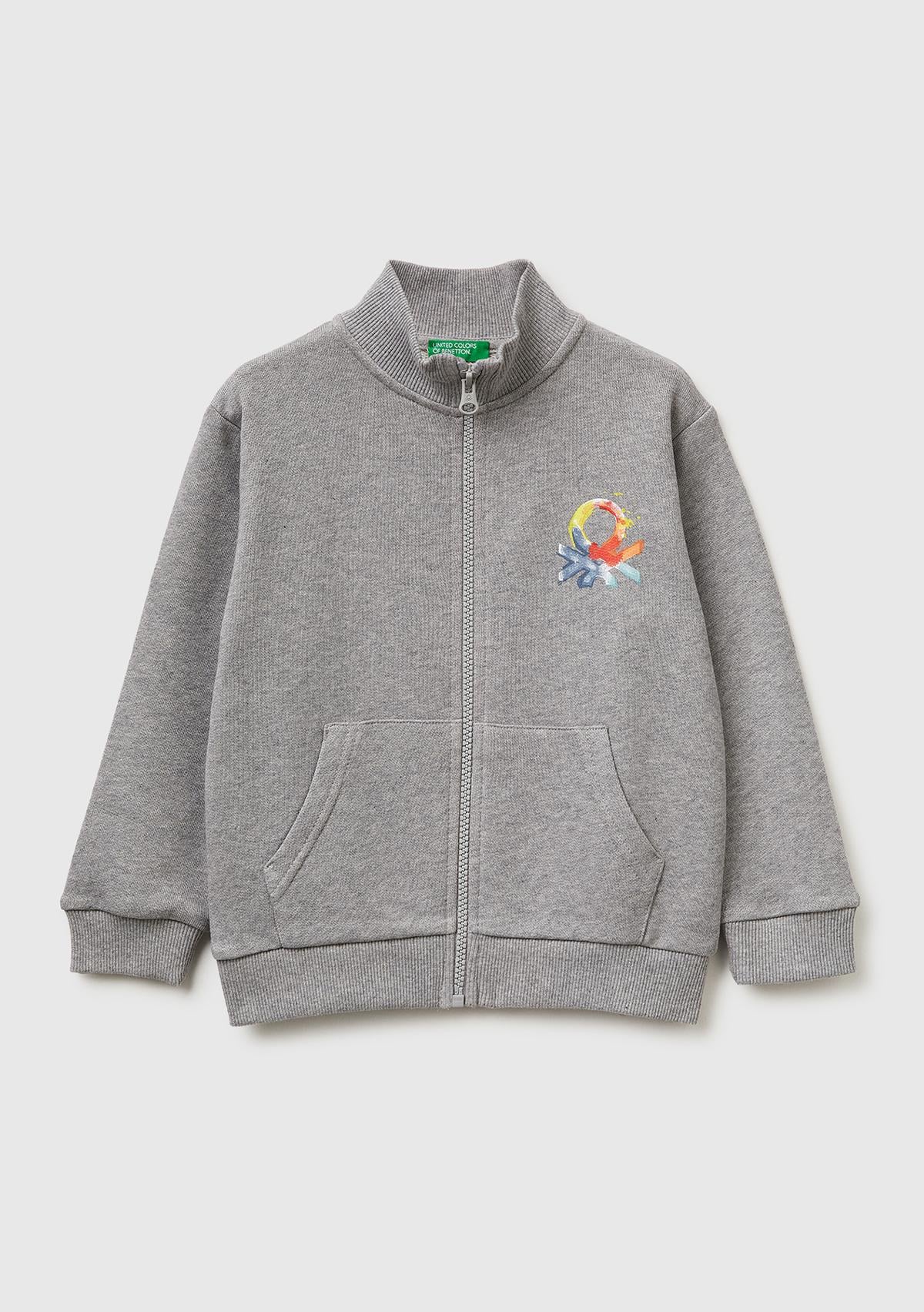 Erkek Çocuk Gri melanj Logo Baskılı Cepli Fermuarlı Dik Yaka Sweatshirt