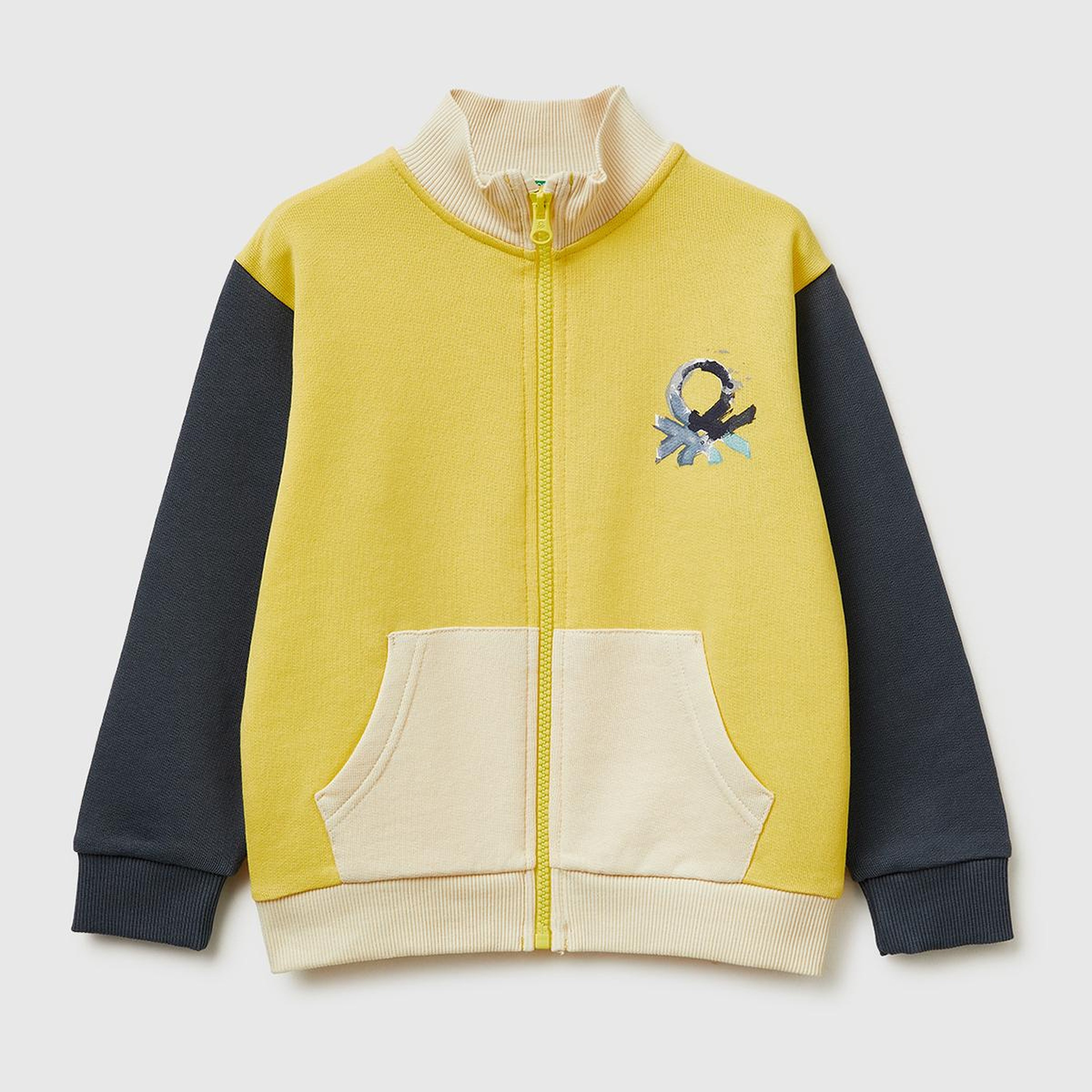 Erkek Çocuk Sarı Mix Logo Baskılı Cepli Fermuarlı Dik Yaka Sweatshirt