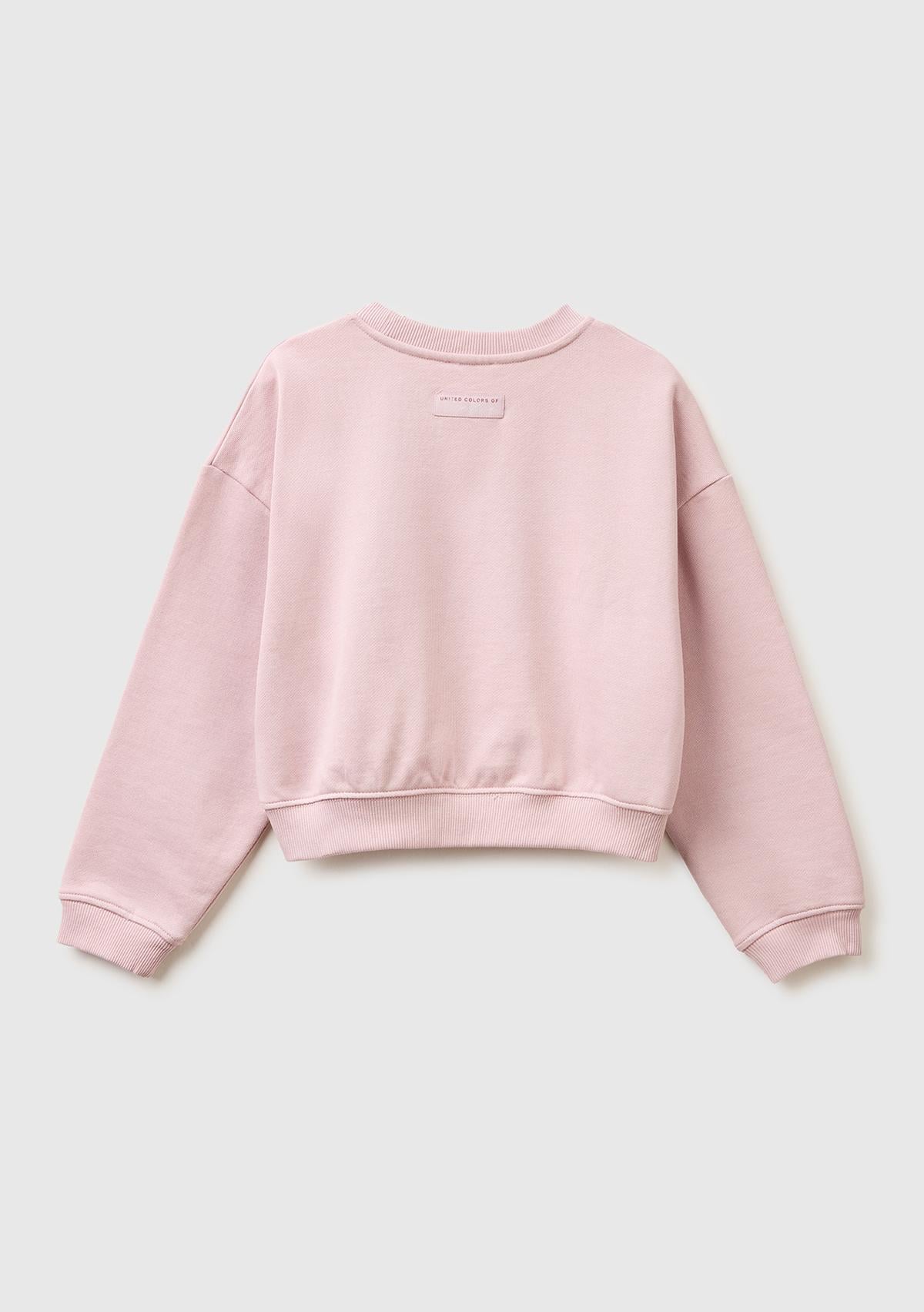 Kız Çocuk Gül Kurusu Arkası Logo Etiketli Oversize Yuvarlak Yaka Sweatshirt