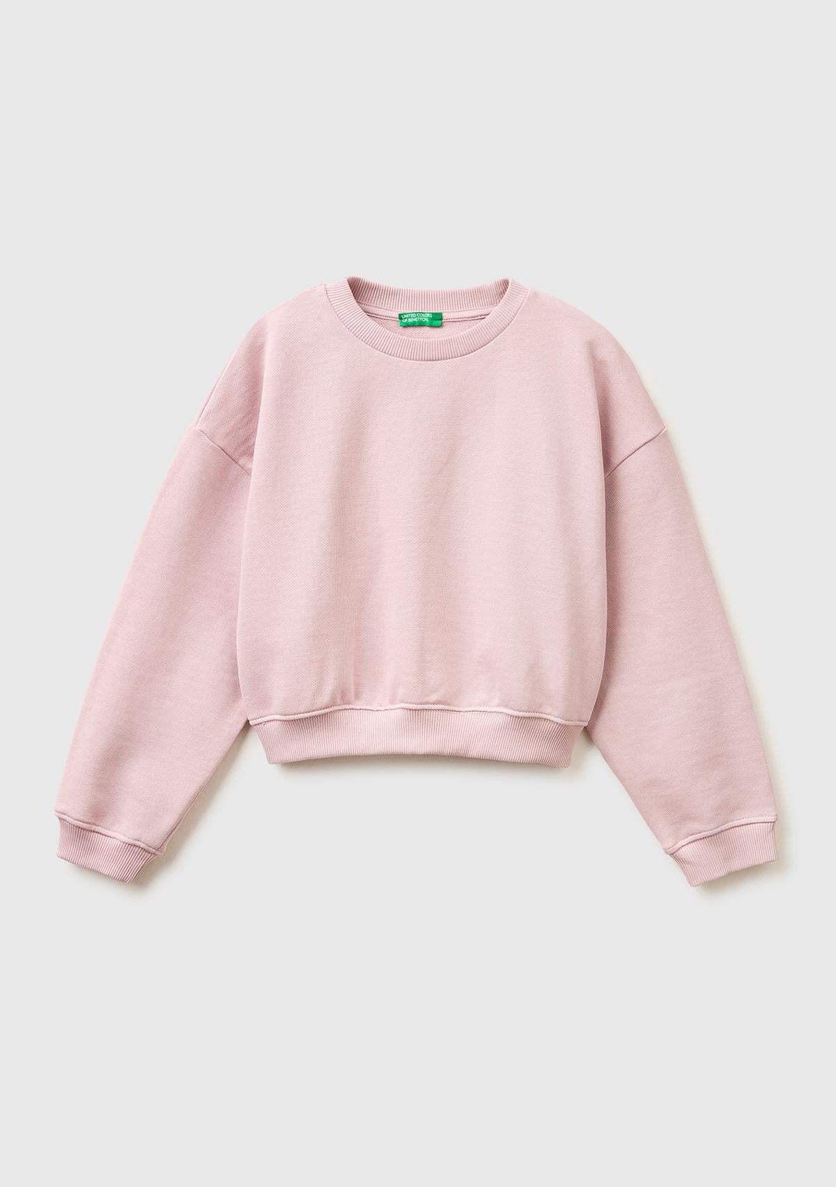 Kız Çocuk Gül Kurusu Arkası Logo Etiketli Oversize Yuvarlak Yaka Sweatshirt