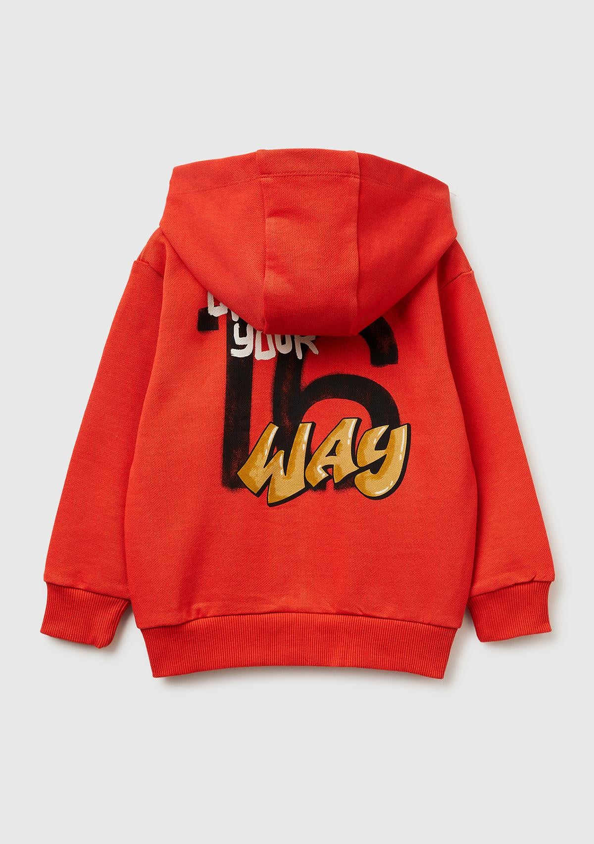 Erkek Çocuk Kırmızı Arkası Baskılı Fermuarlı Kapüşonlu Sweatshirt