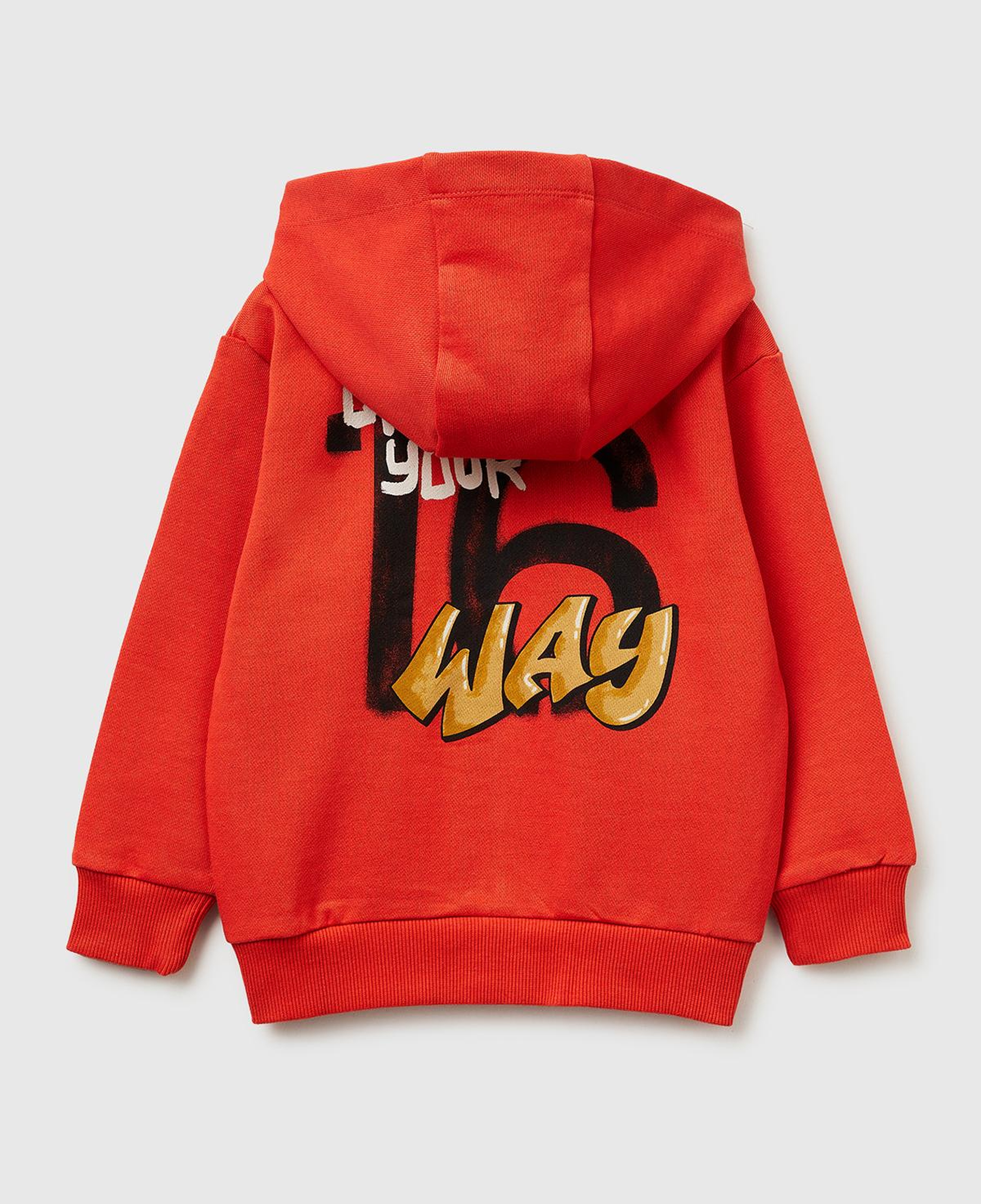 Erkek Çocuk Kırmızı Arkası Baskılı Fermuarlı Kapüşonlu Sweatshirt