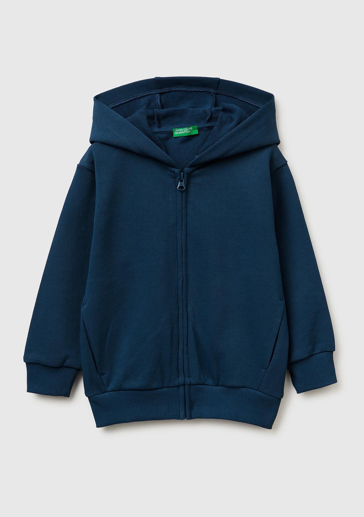 Erkek Çocuk Koyu Lacivert Arkası Baskılı Fermuarlı Kapüşonlu Sweatshirt