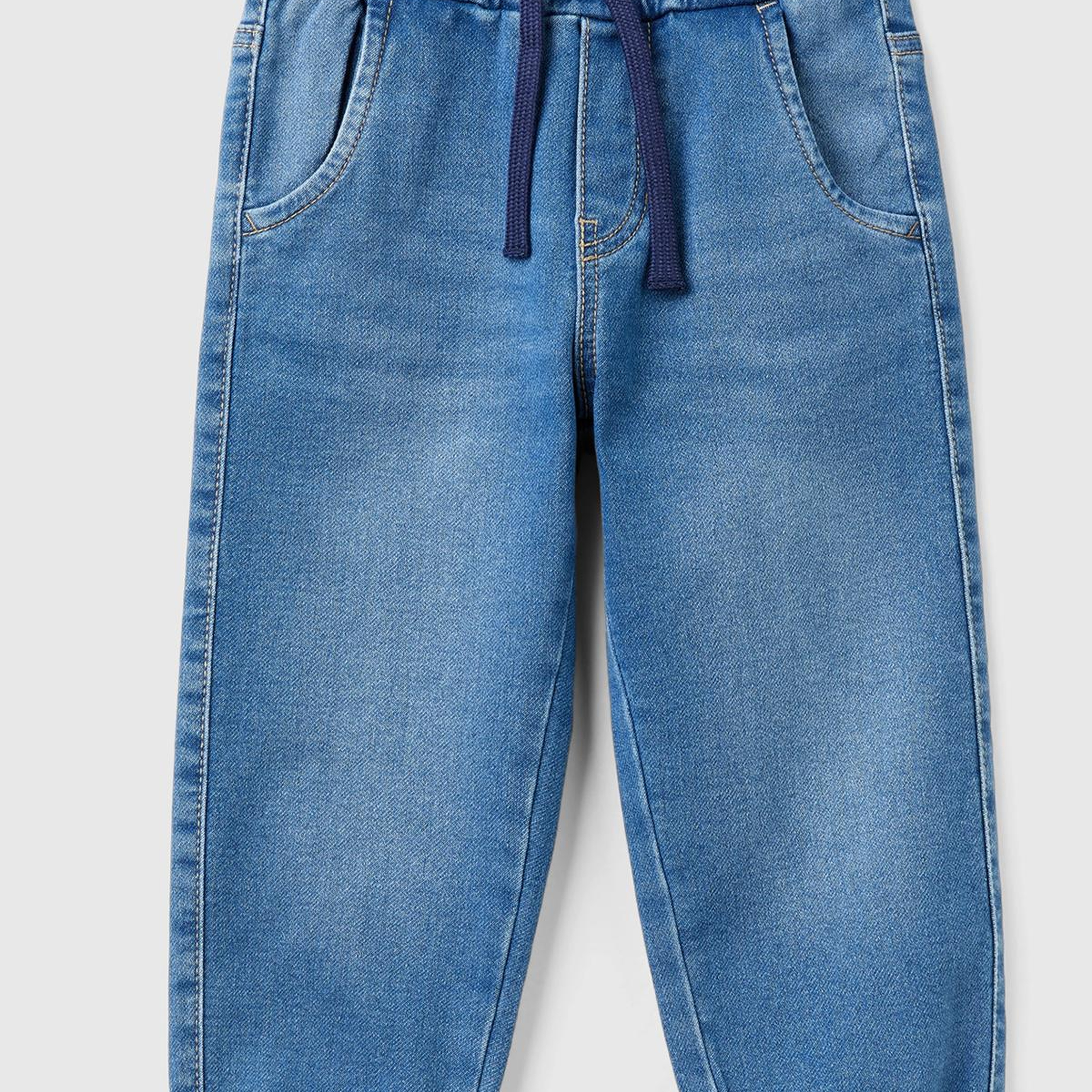 Erkek Çocuk Mavi Arka Cebi Logolu Lastik Paça Ağartılmış Denim Pantolon