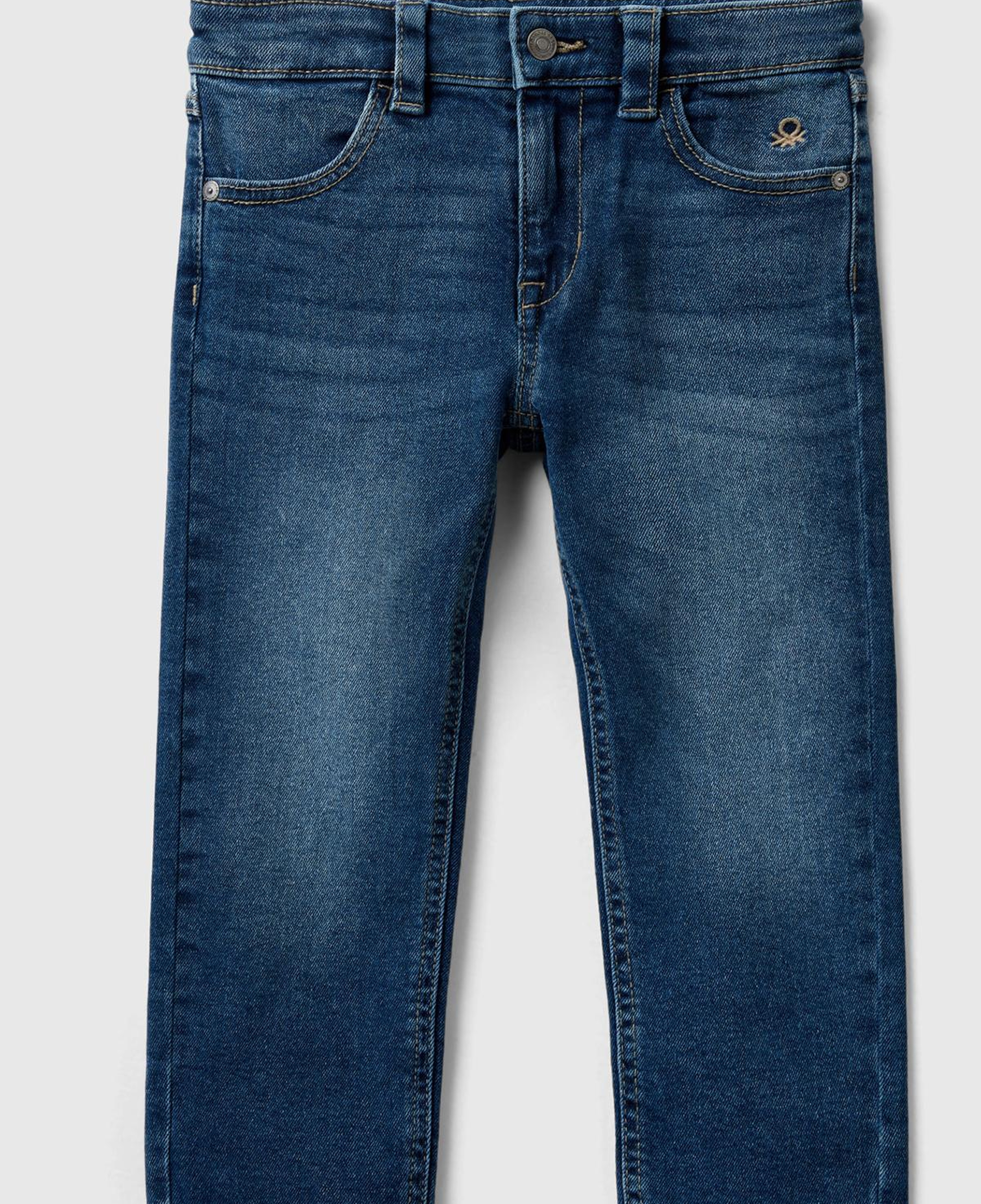 Erkek Çocuk Lacivert Önü Logo İşlemeli 5 Cepli Ağartılmış Denim Pantolon
