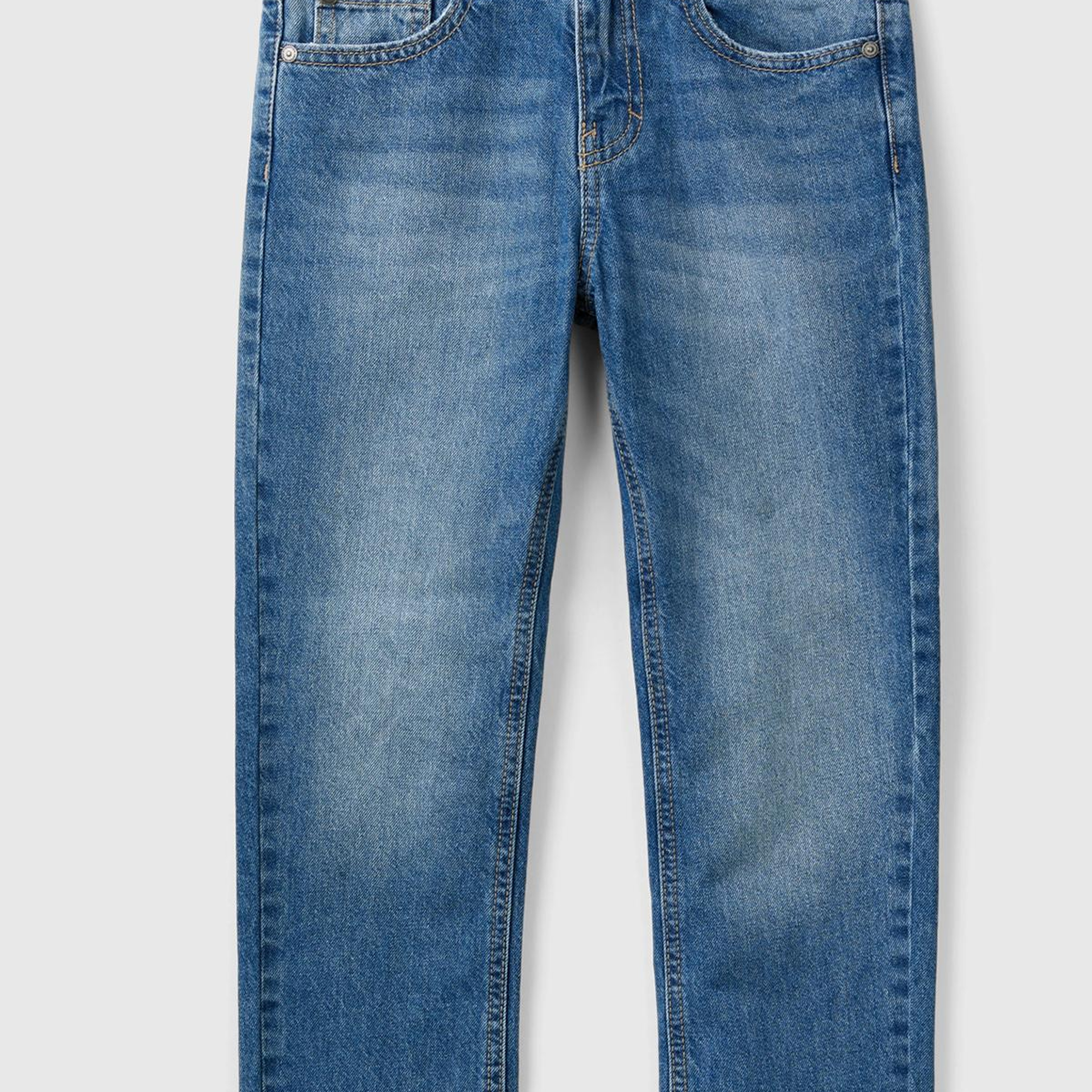 Erkek Çocuk Mavi Arkası Logo İşlemeli 5 Cepli Düz Kesim Denim Pantolon